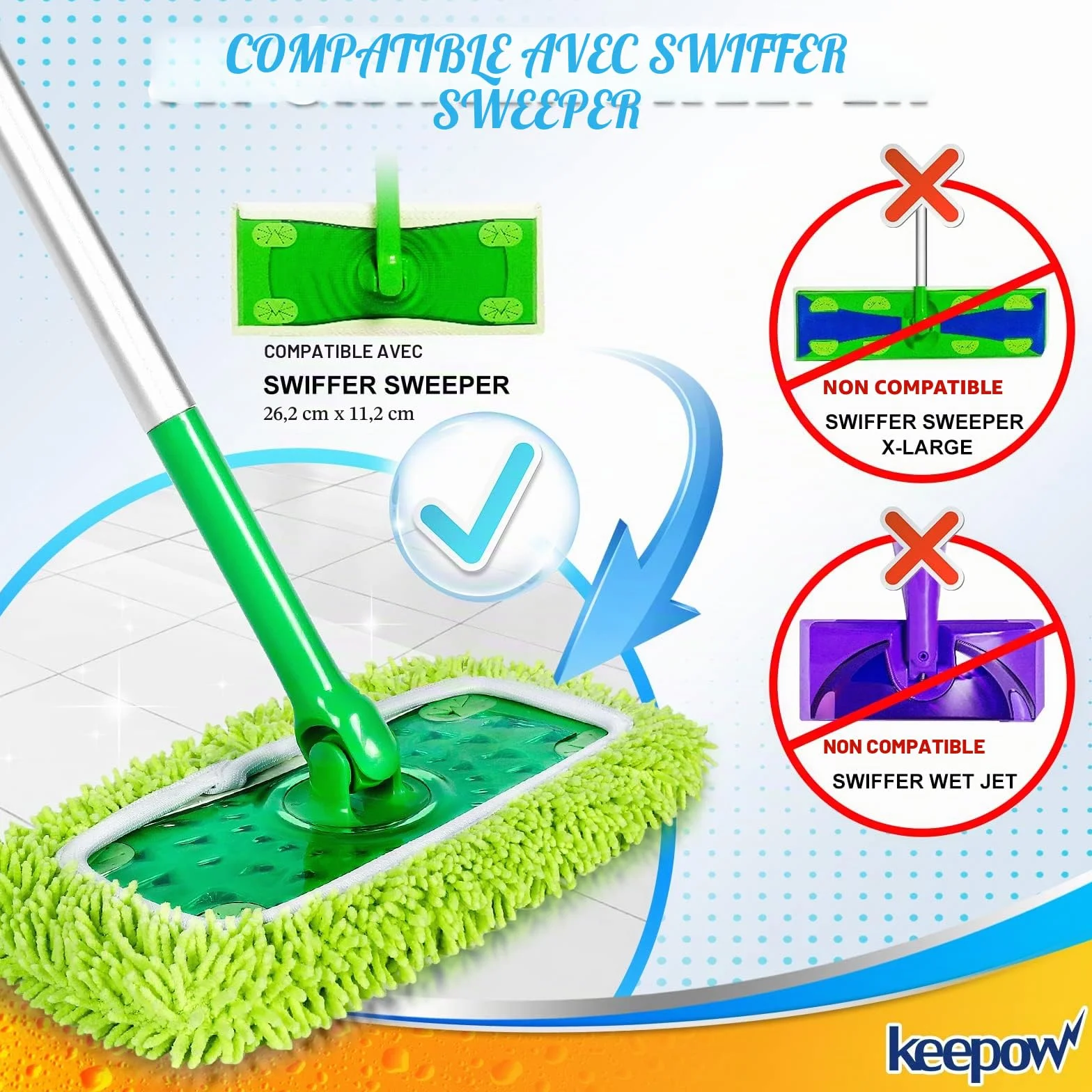 KEEPOW Chiffons Réutilisables Compatibles Swiffer Balai, Lavables, Microfibres pour Swiffer Sweeper Mop, Sec et Humide