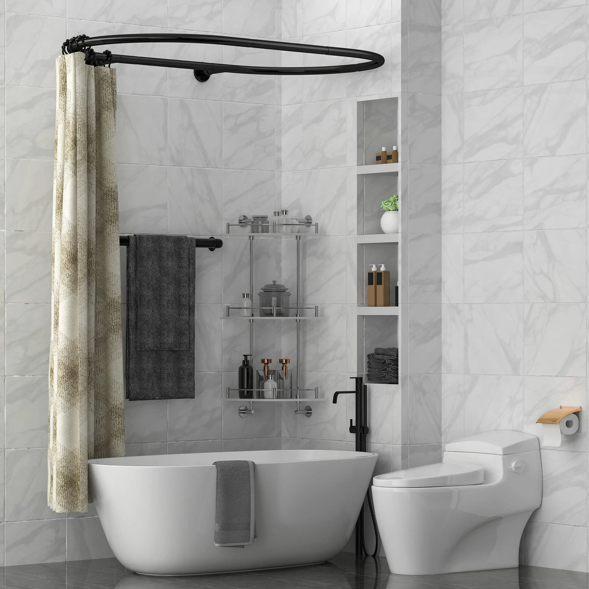 Tringle à rideau de douche ovale en alliage d'aluminium de forme carrée pour baignoire sur pieds sur griffes (noir : L 140 cm, l 63,5 cm)
