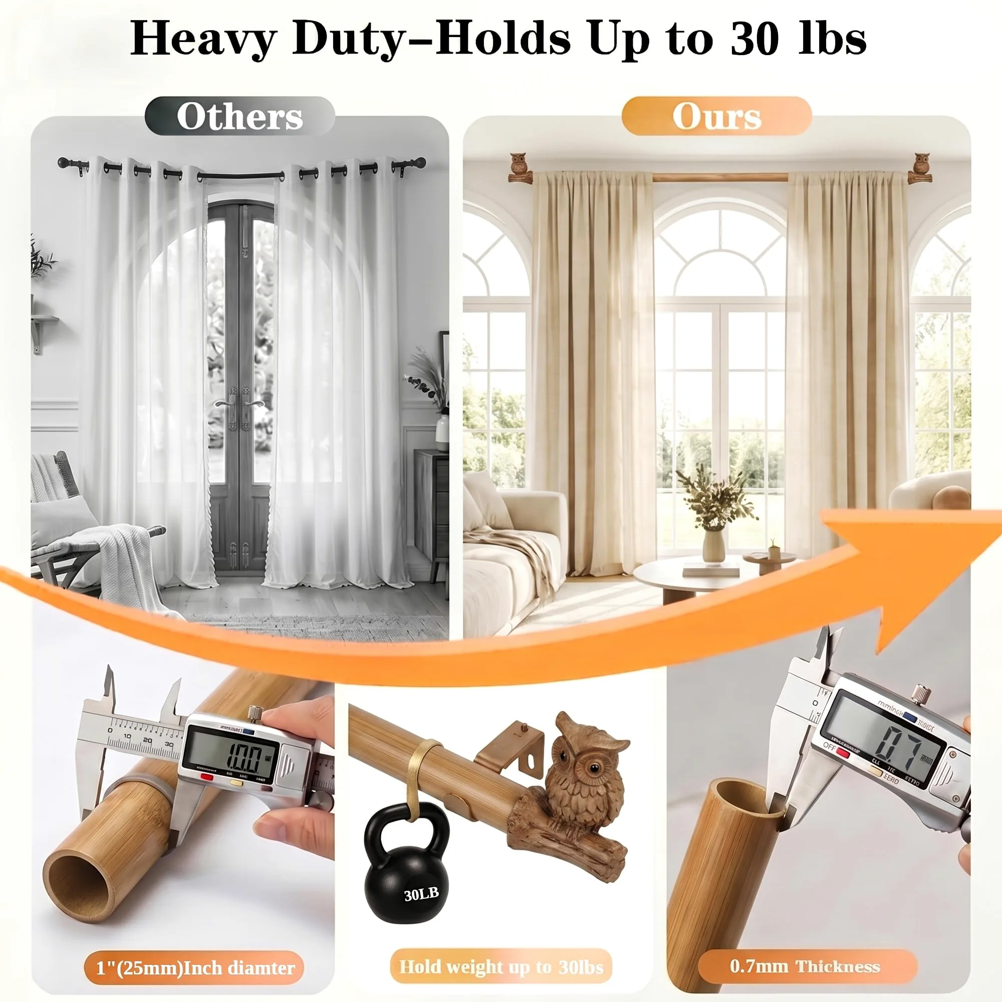 Tringle à Rideau Aspect Bois avec Embout Hibou, extra longue réglable 76-381cm tringle Métal pour portes coulissantes terrasse baie vitrée salon chambre fenêtres, 25mm, supporte 13,6 kg