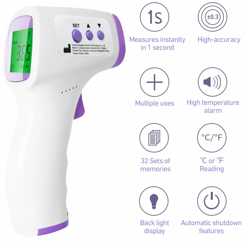 Thermomètre Frontal Sans Contact Adulte Bébé Lecture Instantanée 1s 32 Mémoire Alarme Fièvre