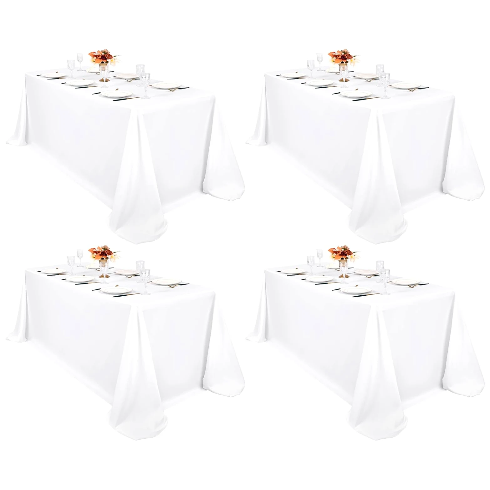 Pesonlook Lot de 4 nappes rectangulaires blanches, 228,6 x 396,2 cm en polyester lavable en masse, nappes en tissu polyester pour mariage, fête, banquet, buffet, table de fête, dîner de vacances