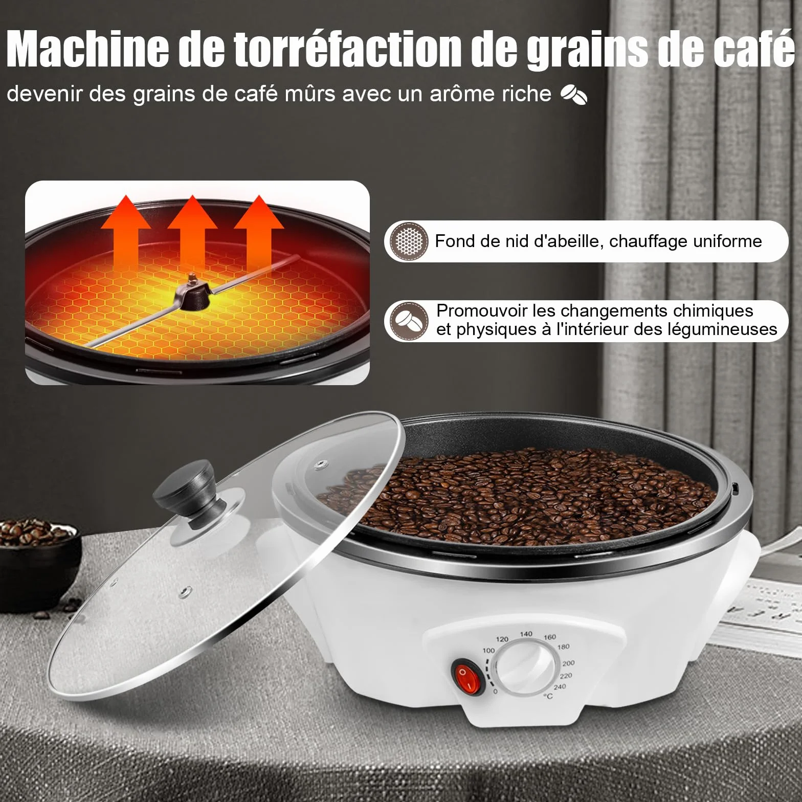 Torréfacteur à café électrique 1200 W réglage température 0-240 °C pour maison