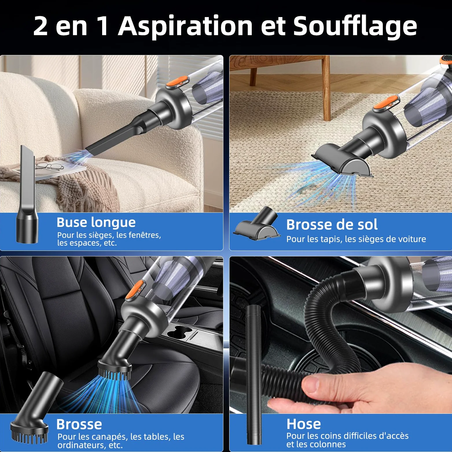 Aspirateur à Main, 26000Pa 4-in-1 Aspirateur sans Fil Puissant, Dépoussiérage par One Pression, Moteur sans Balais, écran HD et Lumière LED, Mini Aspirateur Voiture pour Maison/Bureau/Voiture, Orange
