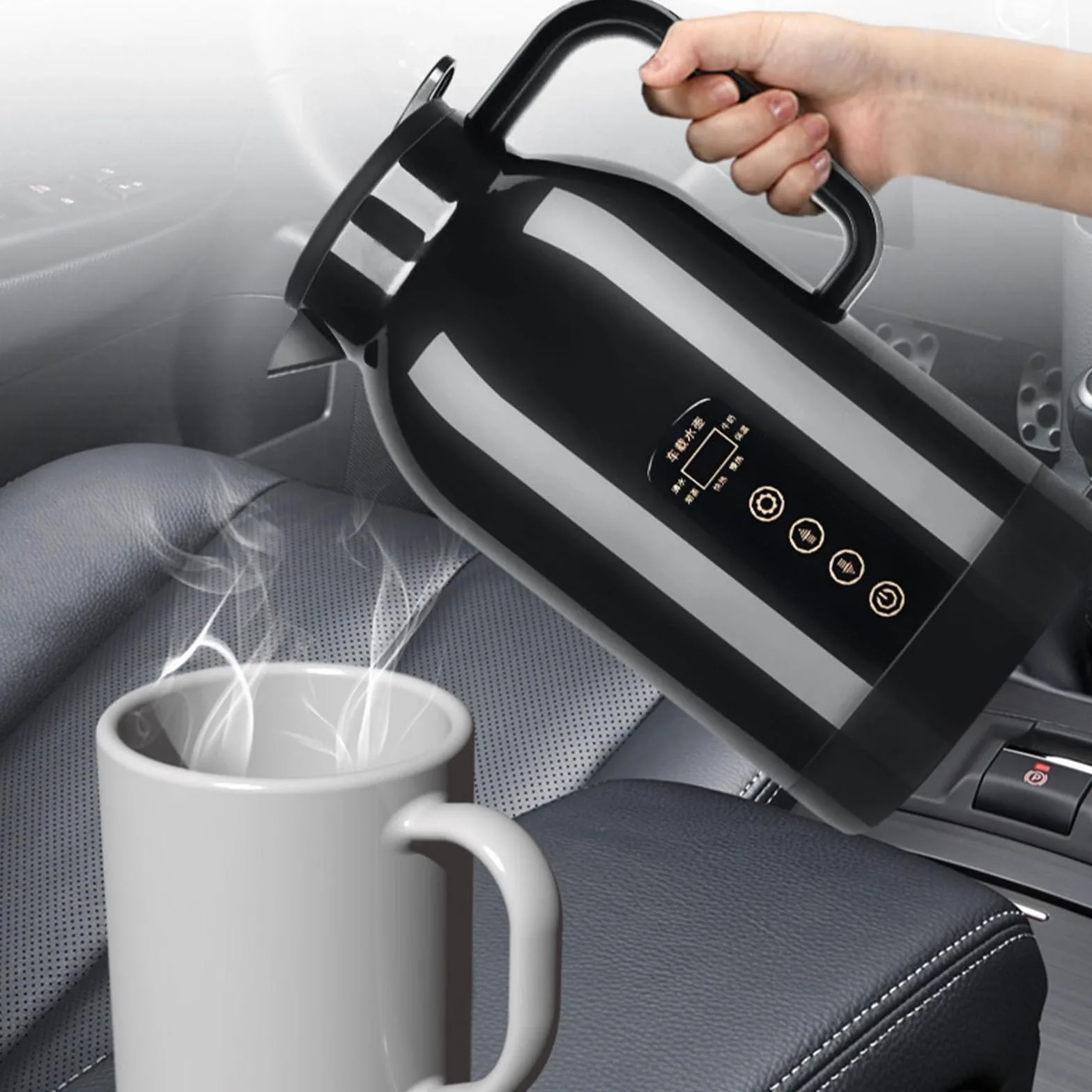 Bouilloire de voiture Réchauffeur 12V/24V avec affichage de température | Bouilloire portable pour voiture pour thé, café, lait, nouilles instantanées, , trajets quotidiens, camping, randonnée