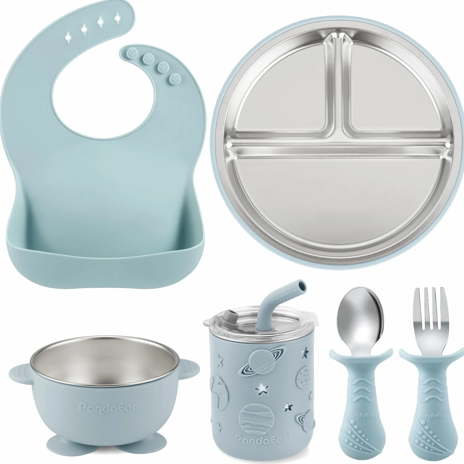 PandaEar Set de Repas Bébé 6-en-1 Acier Inoxydable Assiette Compartiments Ventouse Bol Gobelet Paille Bavoir Cuillère Fourchette Bleu