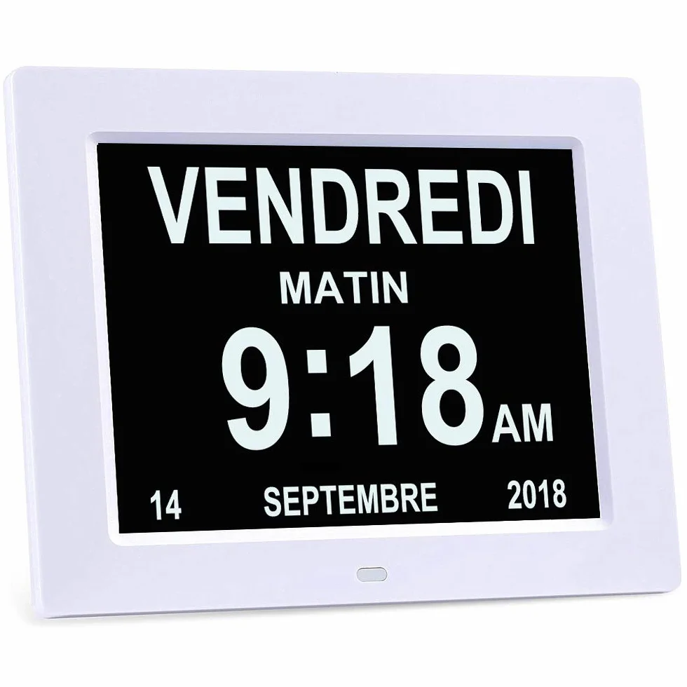 LCD Horloge Numérique 8" Calendrier Date Jour Heure Alzheimer Senior Blanc