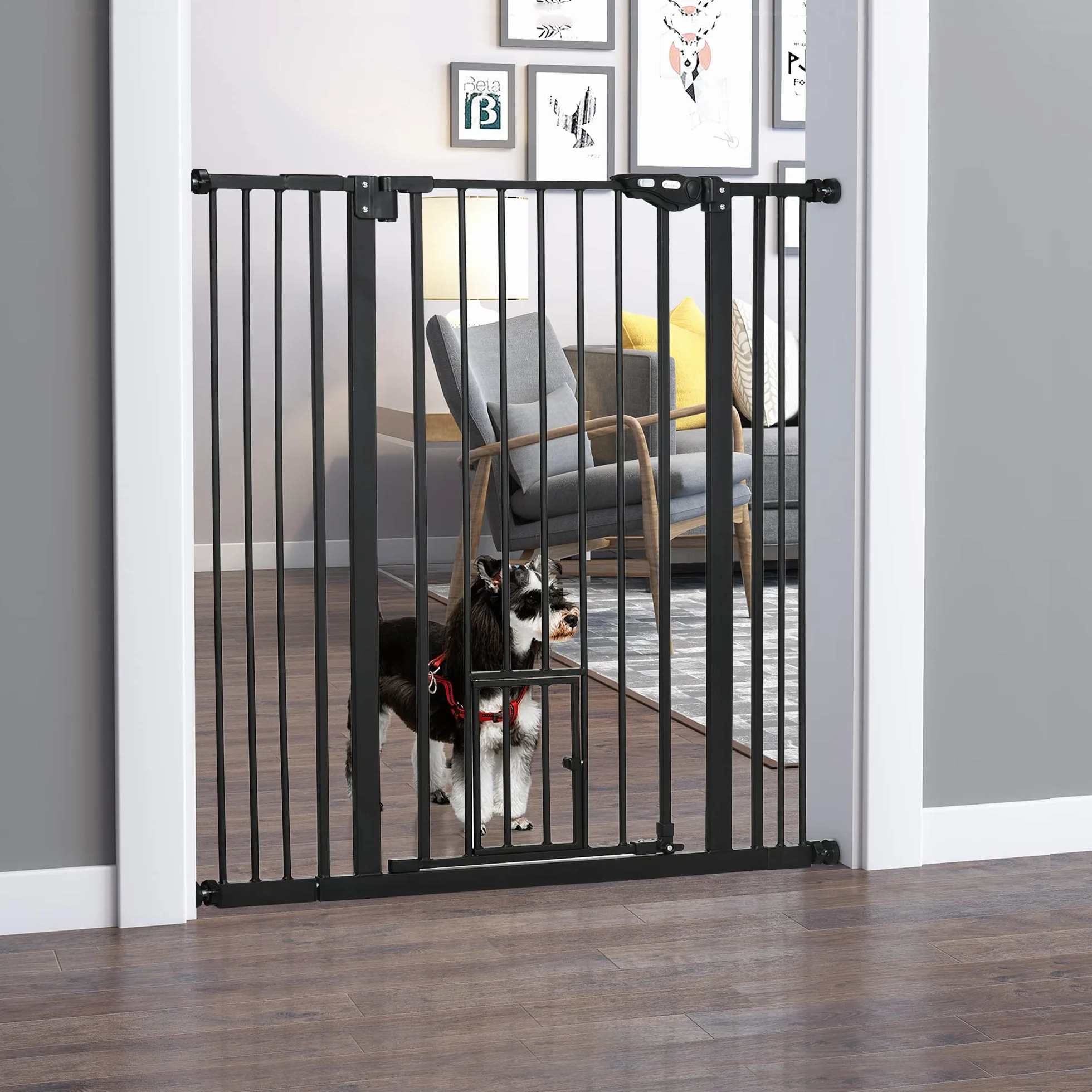 PawHut Barrière de sécurité Animaux 104 cm Haute avec Porte Chat Fermeture Automatique Double Verrouillage Acier Noir