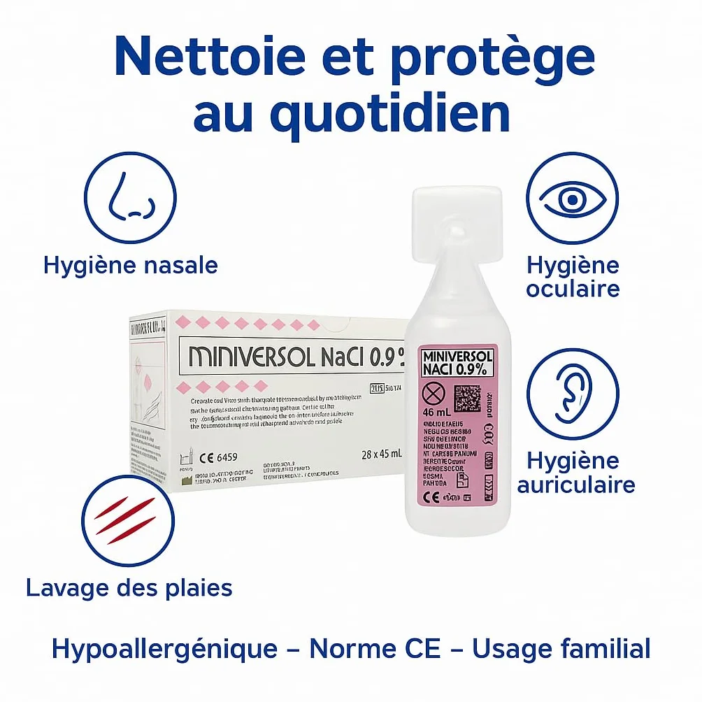 Sérum Physiologique Stérile Unidose 45ml Pack 24 Physiodoses Solution Saline Isotonique NaCl 0,9% Lavage Nasal Bébé Enfant Adulte