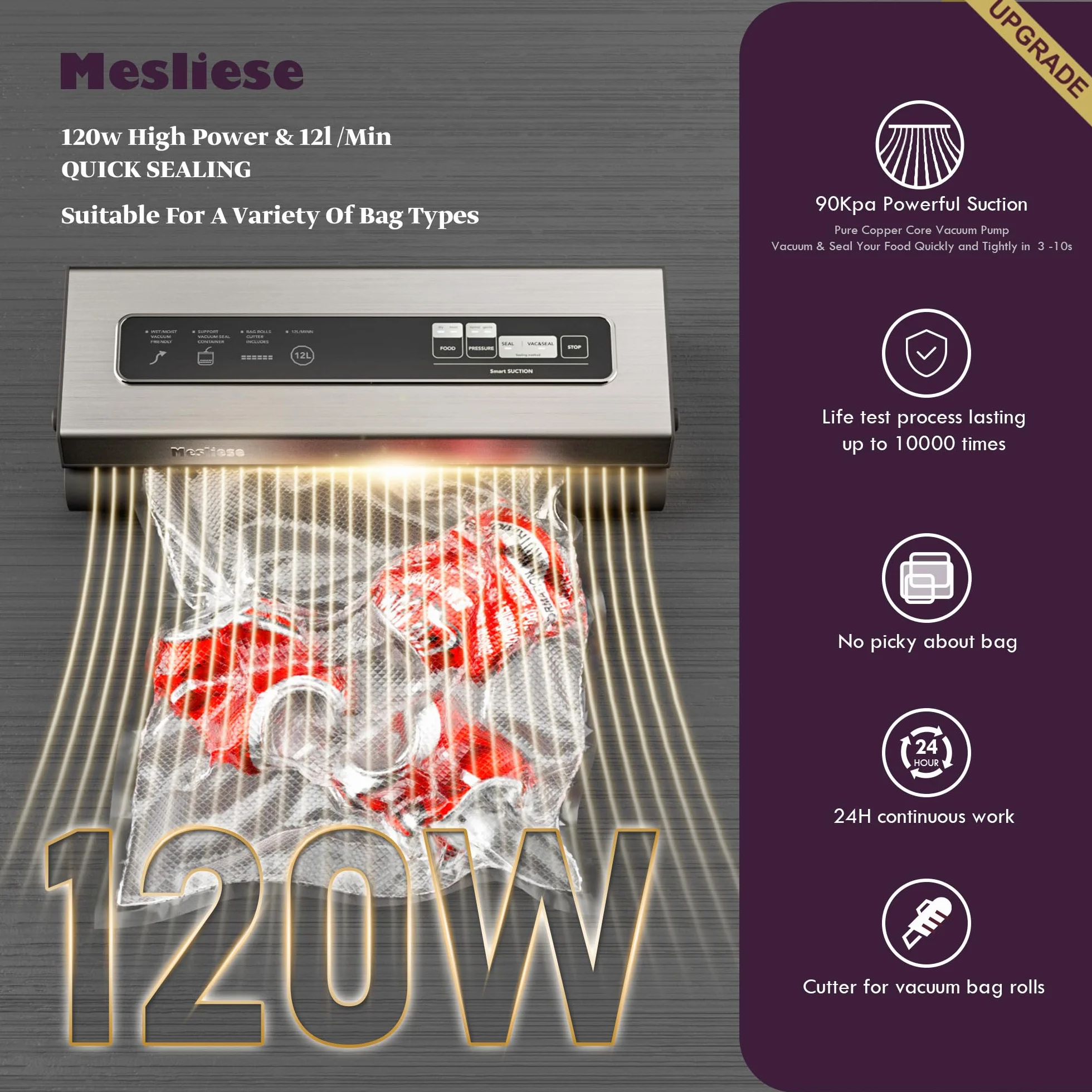 Machine Sous Vide Alimentaire 90Kpa 6-en-1 Compact, 2 Rouleaux Sac 5 Sacs Prédécoupés Modes Sec Humide Argent