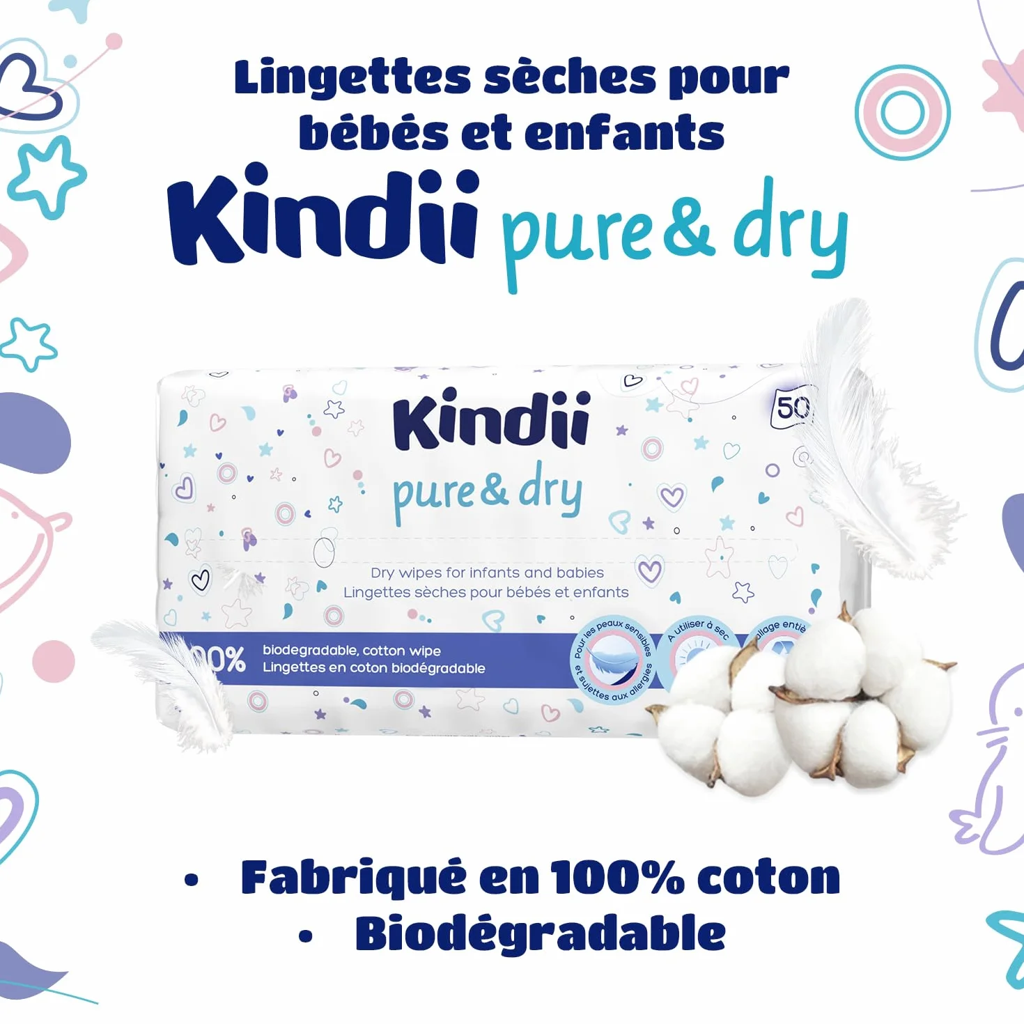 Kindii Pure&Dry Lingettes Bébé 50 Pièces Ultra Douces Pur Coton Sans Parfum Sans Alcool