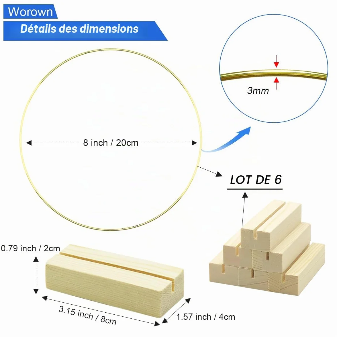 Lot de 6 centres de table en métal 20 cm avec support en bois, anneaux dorés pour décorations de mariage