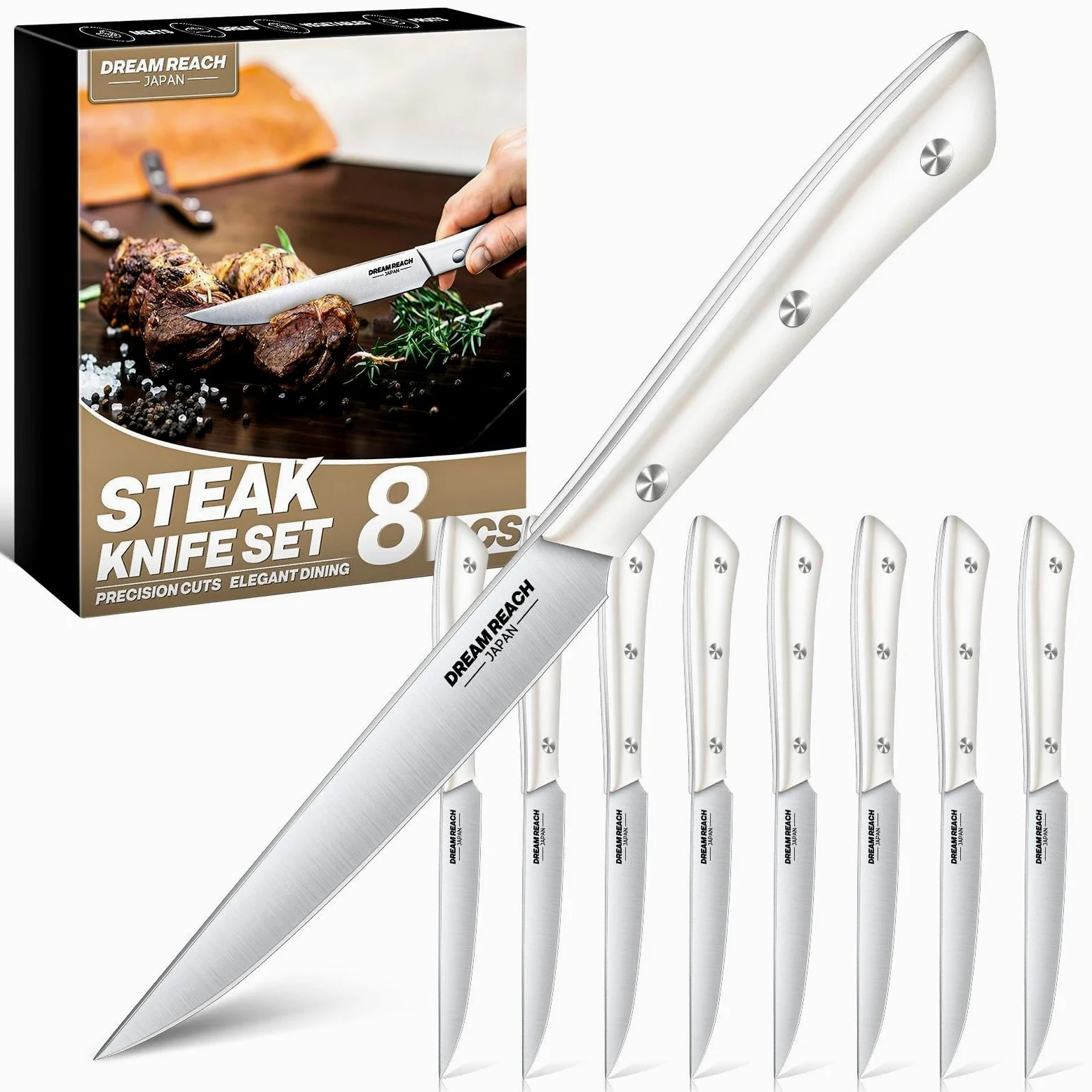 Dream Reach Set de 8 Couteaux à Steak à Lame Droite, Acier Inoxydable Full Tang, Lames Extra Tranchantes, Couverts de Table Professionnels, Lavables au Lave-Vaisselle