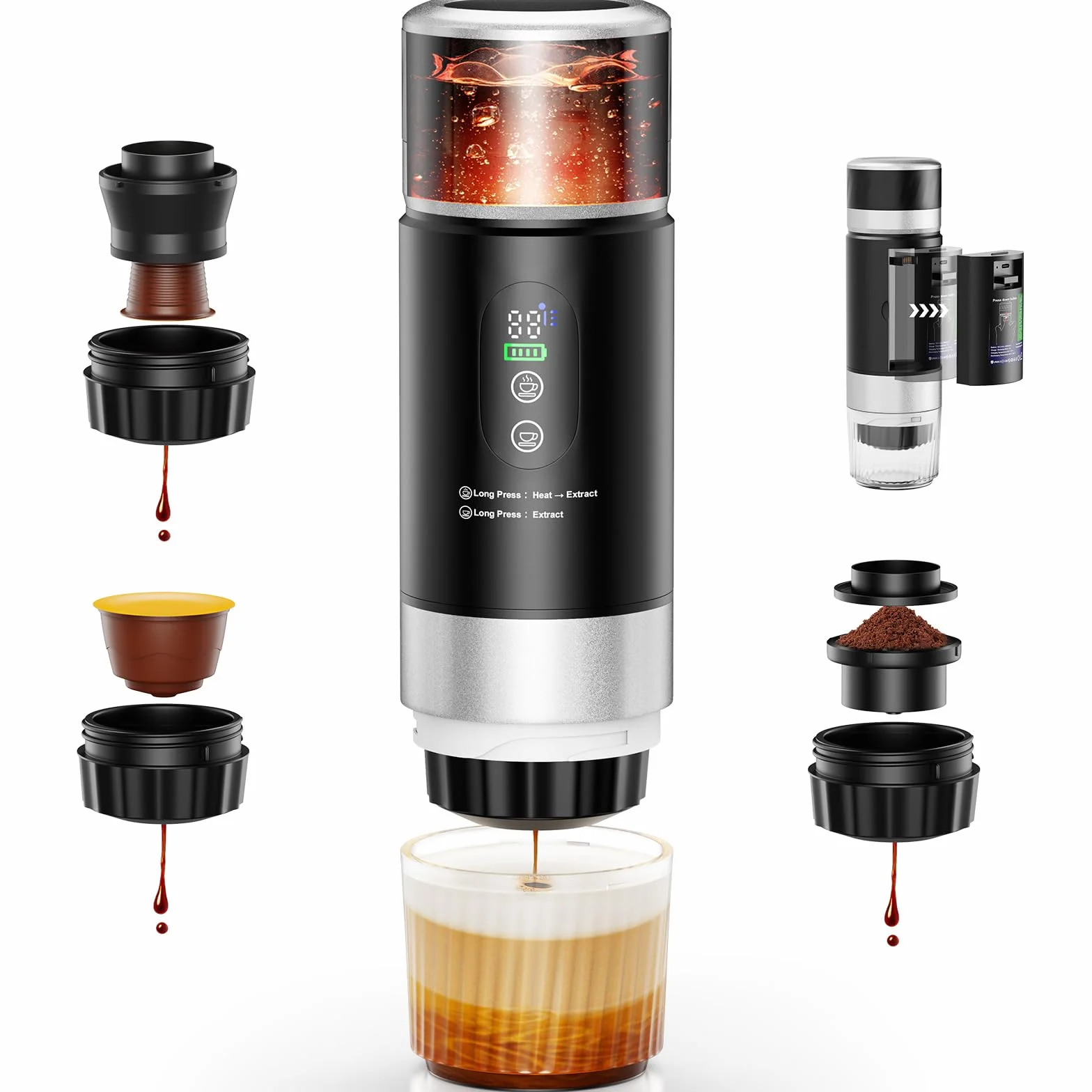 Cafetière Portable 3 en 1,Machine à Café à Capsules Expresso Cafetière Rechargeable avec Batterie 2×7500 mAh,compatible avec Capsules Ness-preso, Dolce-Gusto,pour Camping,Bureau,Voyage