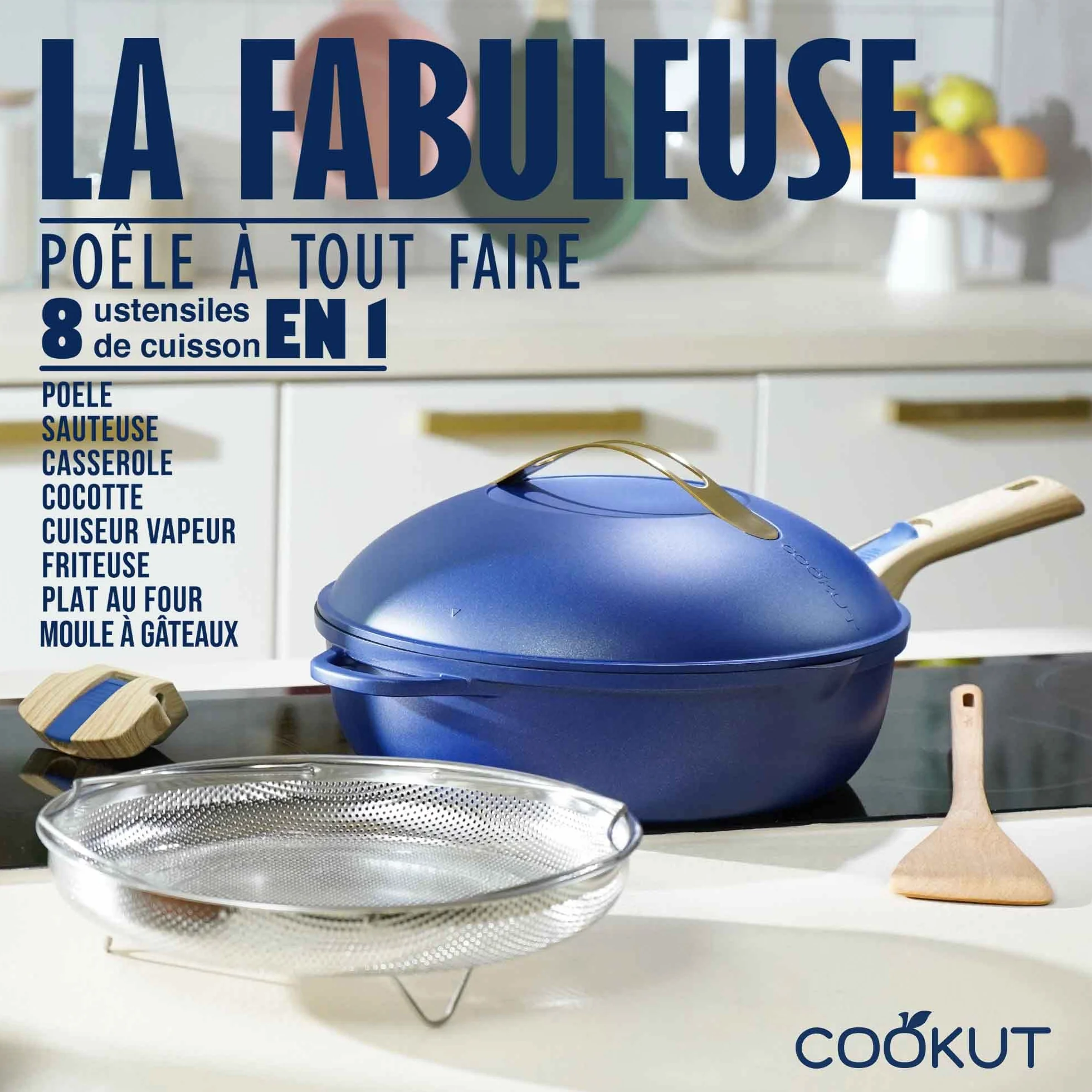 COOKUT La Fabuleuse poêle 8 en 1 - ustensile multifonction avec poignées amovibles, panier vapeur, spatule en bois RUBIS