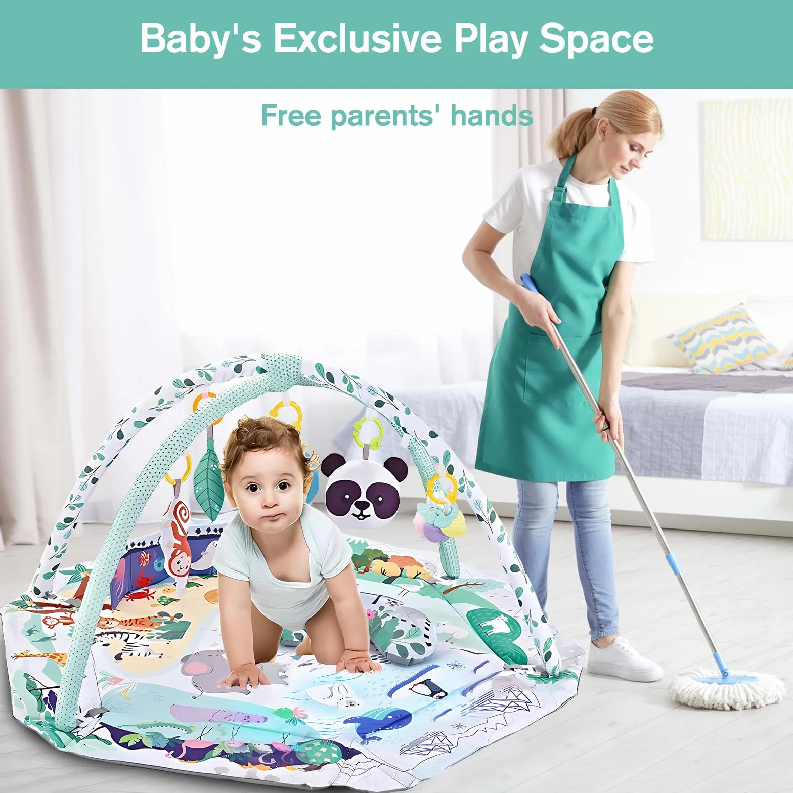 Tapis de jeu multifonctionnel pour nouveau-nés avec 8 jouets sensoriels détachables, facile à nettoyer, Tapis d'éveil et de jeux éducatif à jouer pour bébés à partir de 0 mois（Vert）