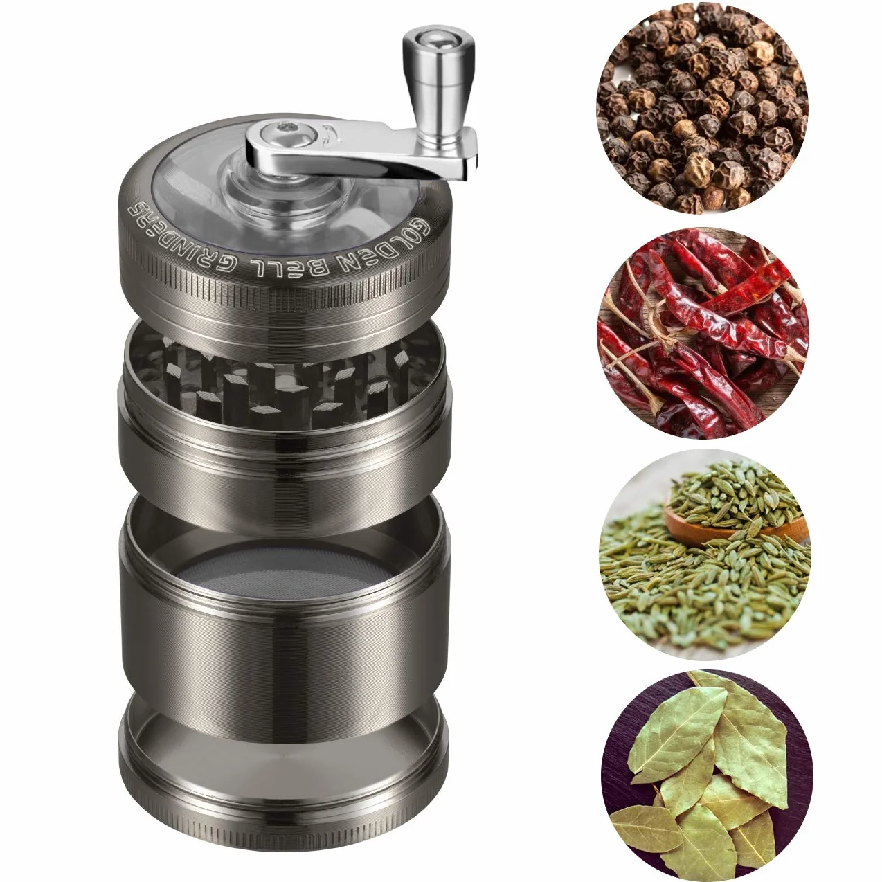 Moulin à Herbes Épices en Zinc Alliage 5.3cm 4 Pièces avec Manivelle Noir Nickel