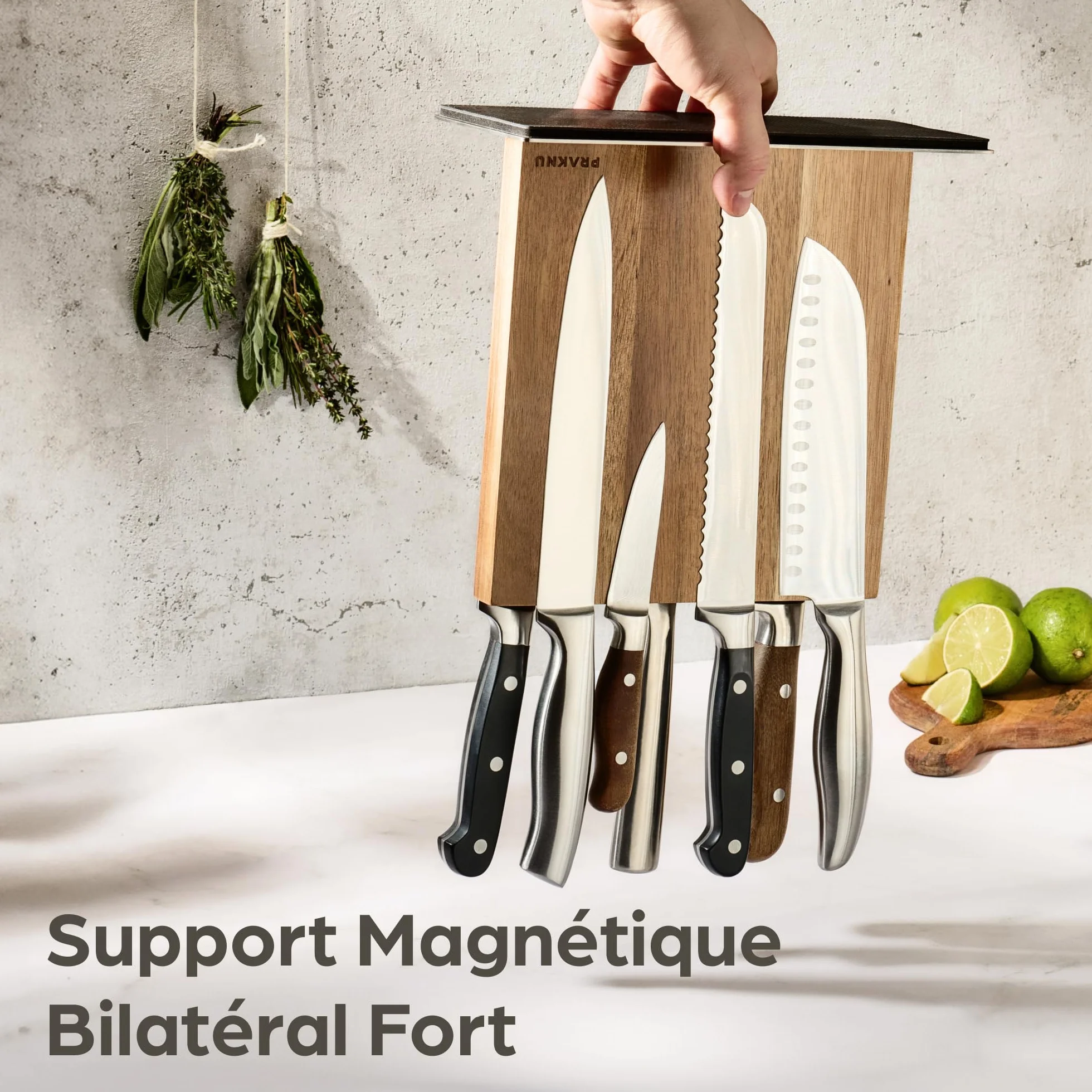 Bloc à Couteaux Aimanté Double Face en Bois d'Acacia FSC – Porte Couteaux de Cuisine – Magnetic Knife Holder – Rangement Couteaux