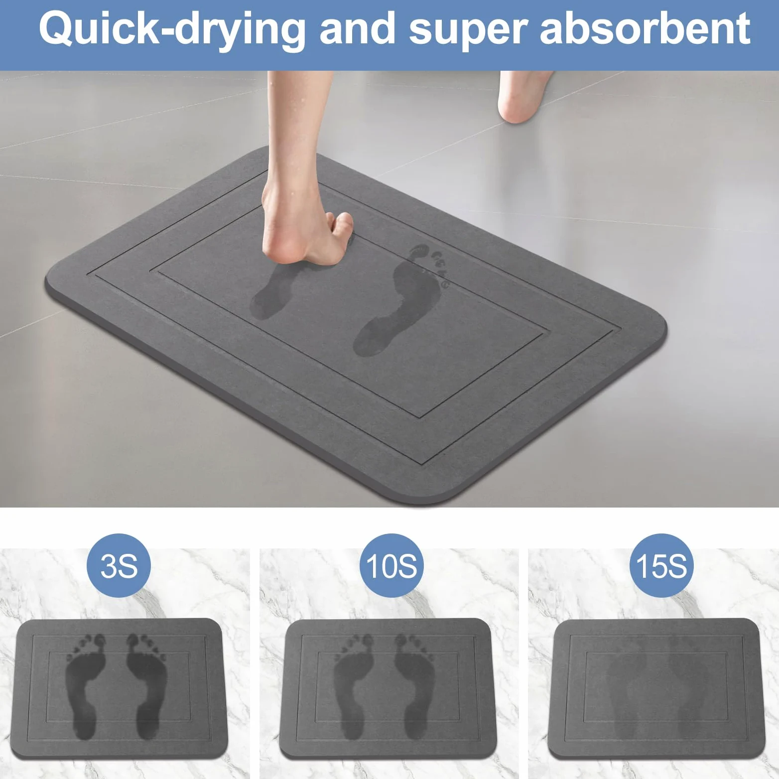 Lot de 2 Tapis de Bain en Pierre, Tapis de Douche en Terre de diatomée, antidérapant, Super Absorbant, séchage Rapide, Tapis de Sol pour Salle de Bain et Cuisine (Gris, 61 x 38,1 cm)