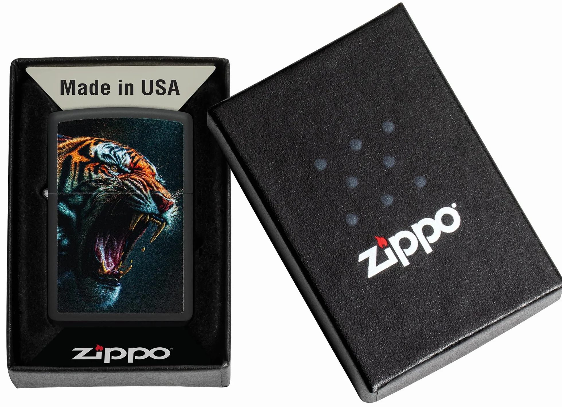 Zippo - Briquet tempête, Motif Tigre féroce, Noir Mat, Impression colorée Color Image, Rechargeable, réutilisable, Coupe-Vent, boîte Cadeau, fabriqué aux États-Unis