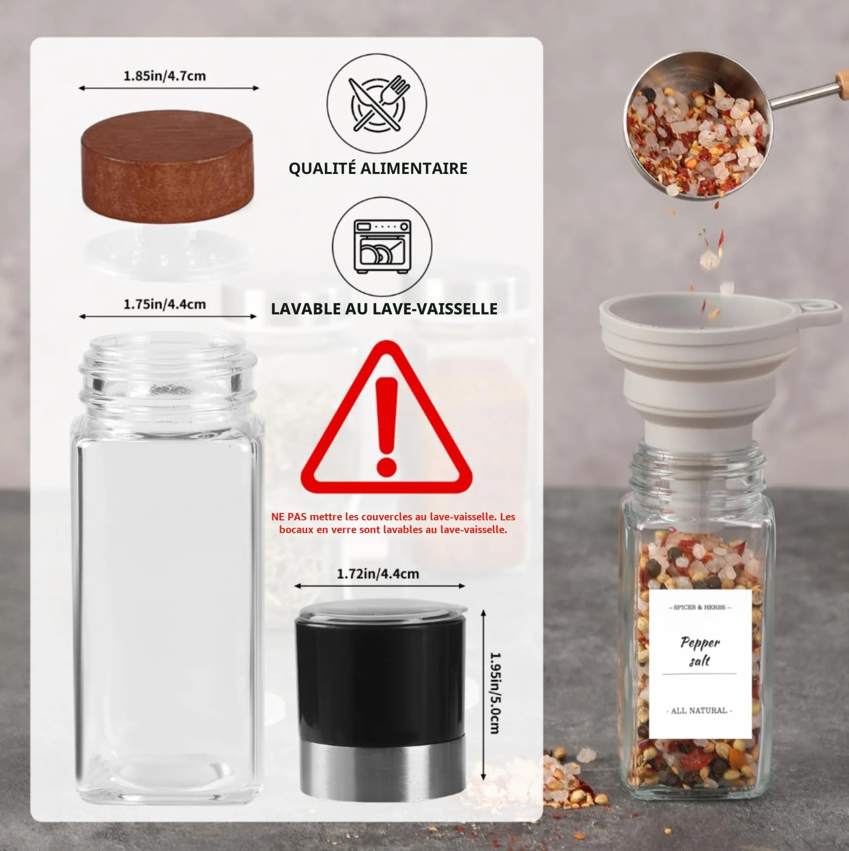 FRIBERG Pot à Épices en Verre et Bois, 20 Bocaux 120ml, 2 Moulins avec Étiquettes