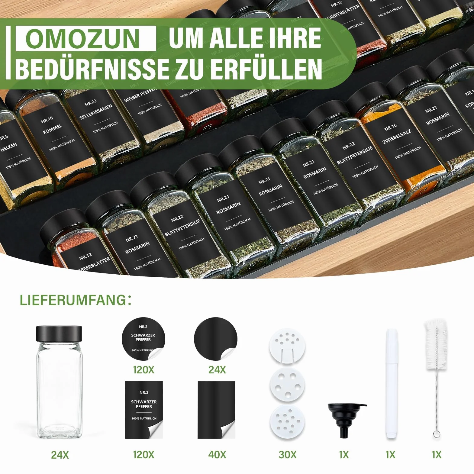 Lot de 24 pots à épices en verre 120 ml avec étiquettes étanches et insert à saupoudrer - Noir