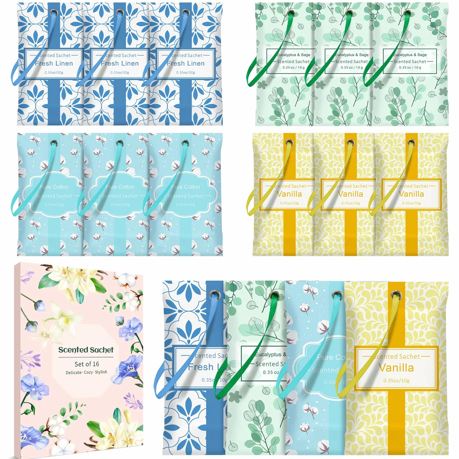 SCENTORINI Sachets Parfumés Frais pour Tiroirs, 16 sachets, 4 Senteurs Lin, Coton, Vanille, Eucalyptus Sauge