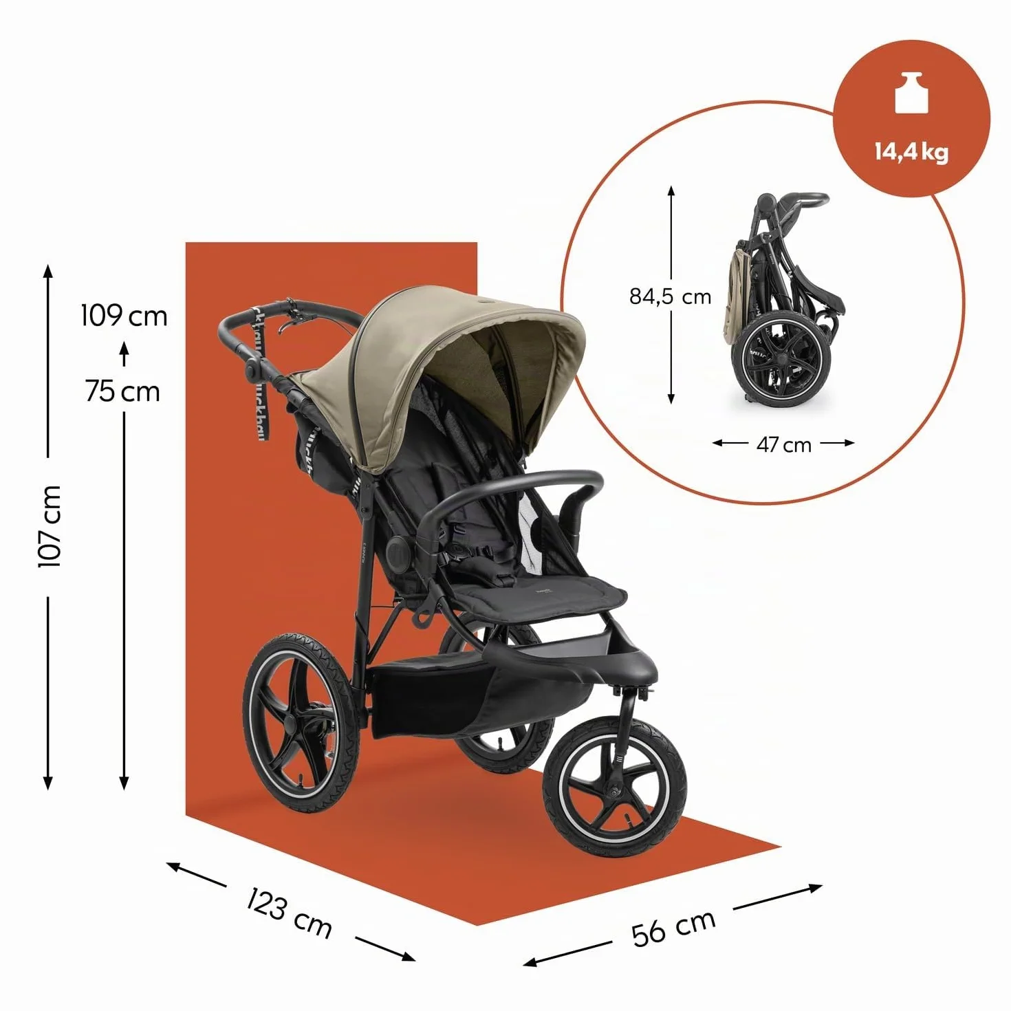 Hauck Runner 3 Olive Poussette 3 Roues Bébé Grandes Roues Air Suspension Frein à Main Canopy XL Fenêtre Maille Panier Couvercle Inclinable Porte-Gobelet 22 kg