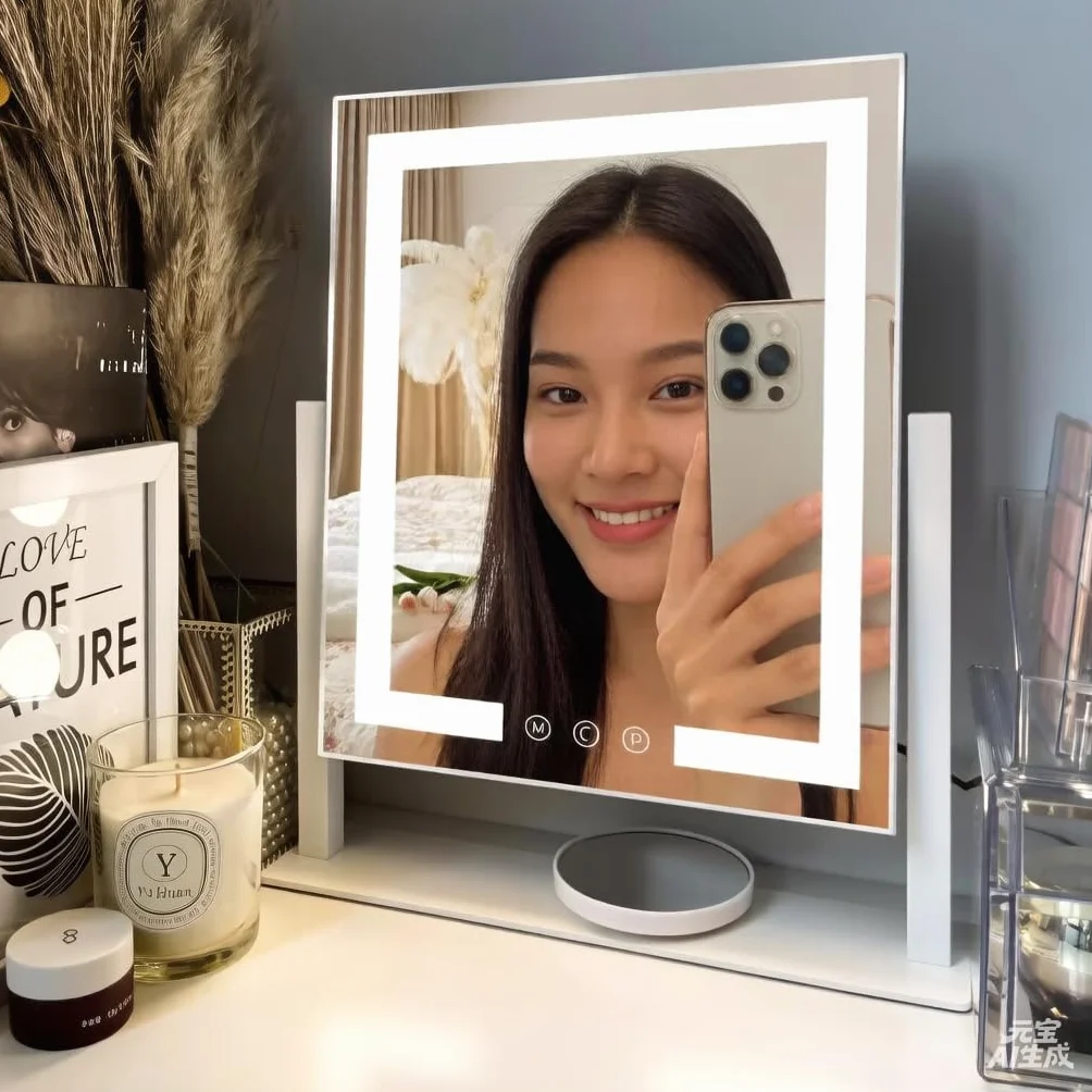 LuxeVue Miroir de Maquillage avec lumières 30x36 cm, 3 Modes d'éclairage Tactile, Grossissant 15X, Cadre en Métal