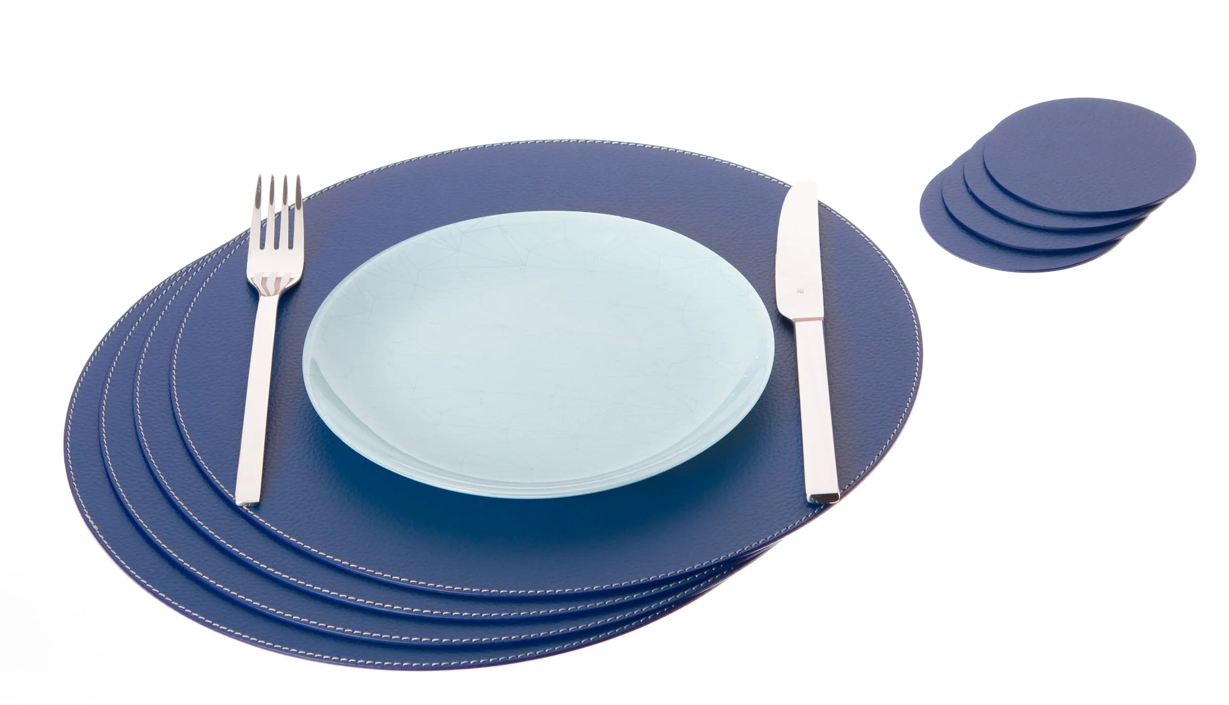 Nikalaz Lot de 4 Set de Table Rond et 4 desous de Verres, Set de Table 33 cm de diamètre et sous-bock 10 cm, Cuir Naturel recyclé, (Bleu)