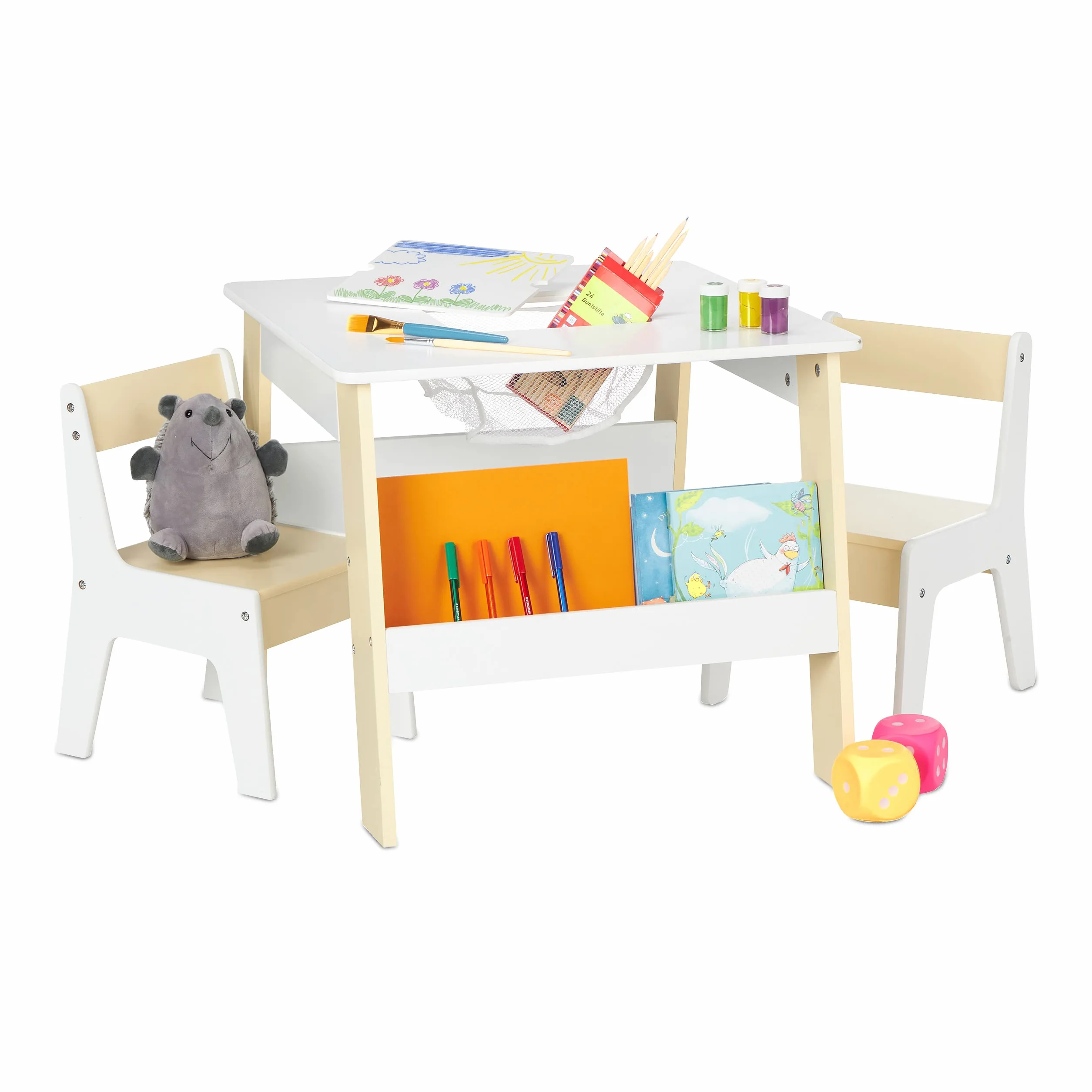 Relaxdays Ensemble mobilier Enfants Table 2 chaises rangements Blanc-Beige