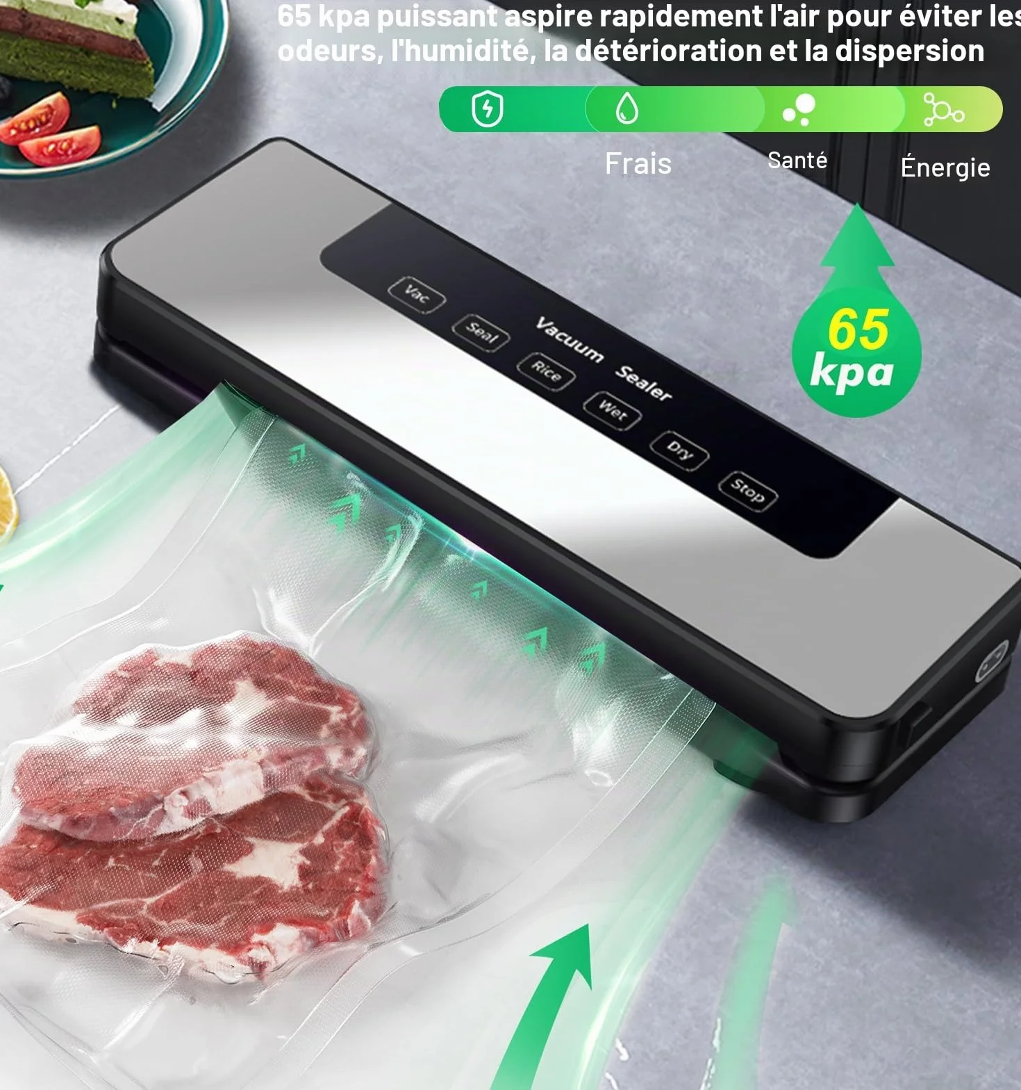Machine Sous Vide Alimentaire 65 kpa, Sceller Plusieurs Sacs, Aliments Frais Secs et Humides