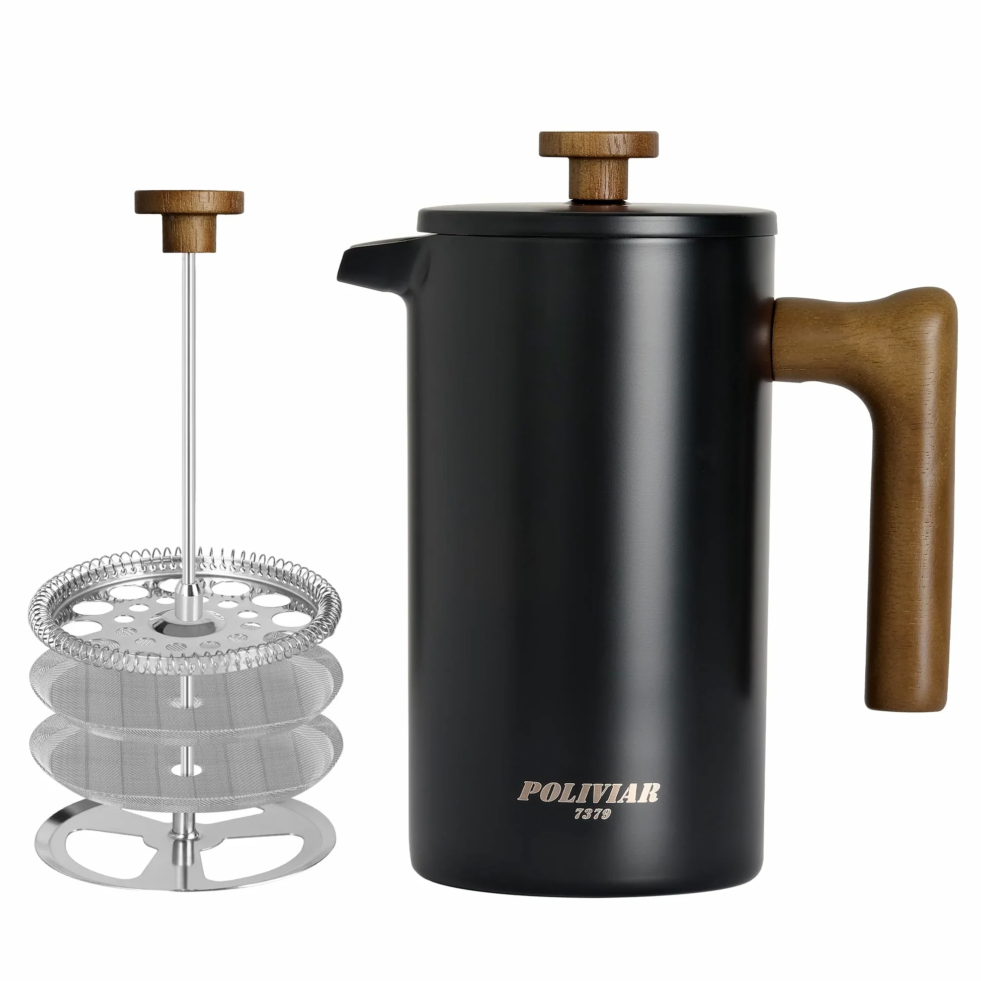 POLIVIAR 7379 POLIVIAR Cafetiere 8 tasses, cafetière à piston avec poignée en bois, cafetière isolée à double paroi et 1 filtre supplémentaire, presse à café en acier inoxydable pour un bon café et t