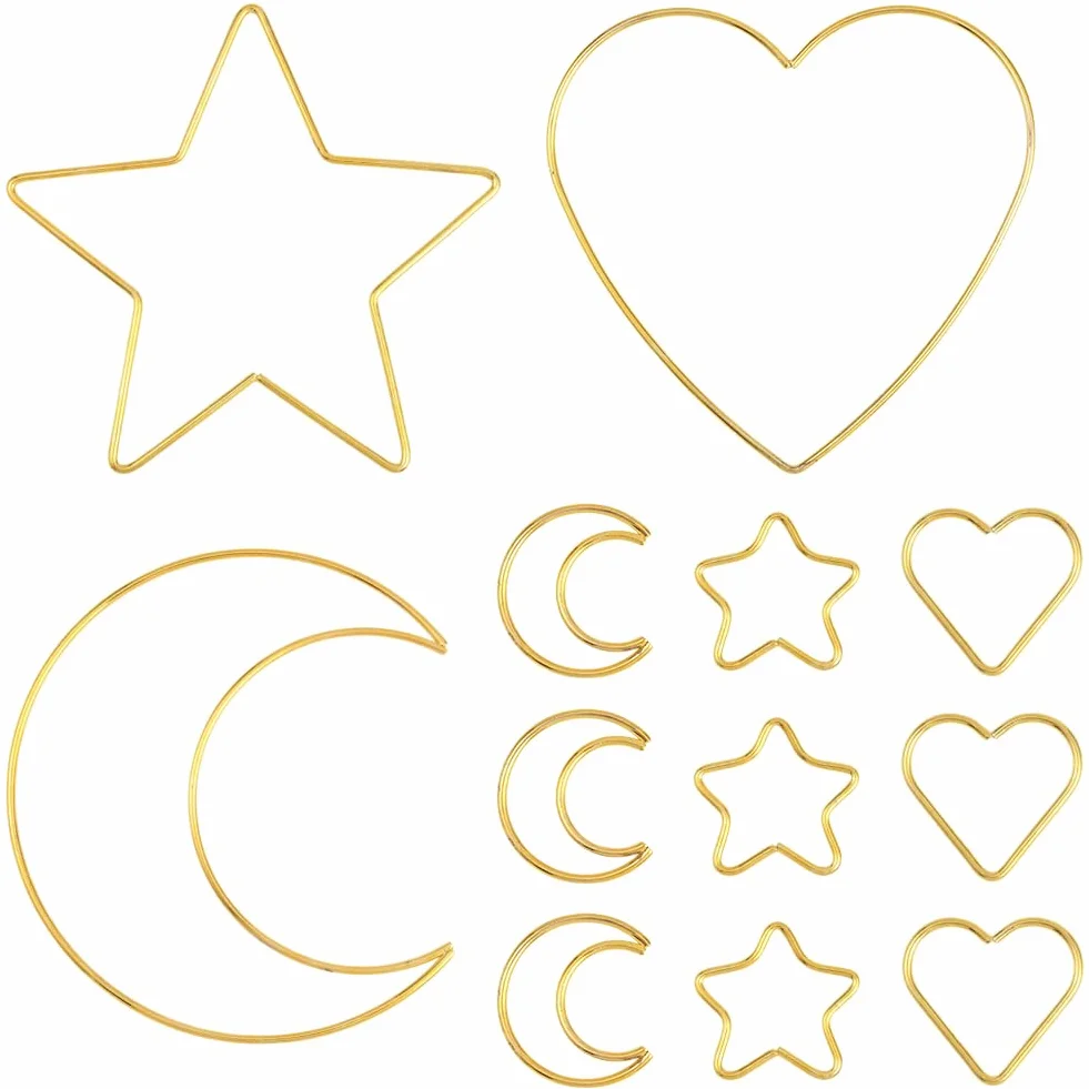 Lot de 6 Anneaux Attrape Rêves en Métal Doré Formes Étoile Lune Cœur Décoration Murale