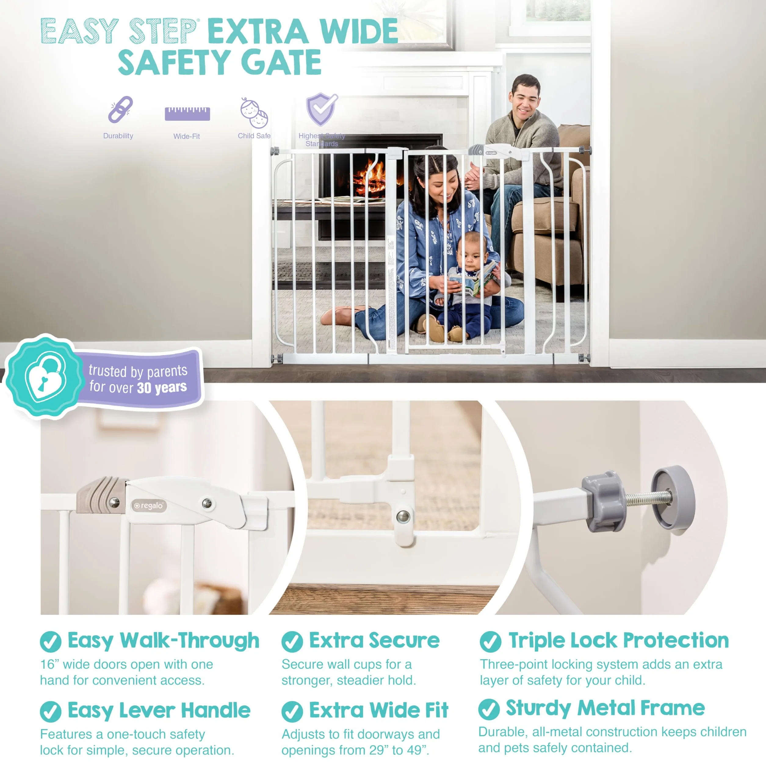 Regalo Safety Extra Wide Baby Gate for Doorways & Stairs, Fits 73.6-122cm, Pressure Mounted, White