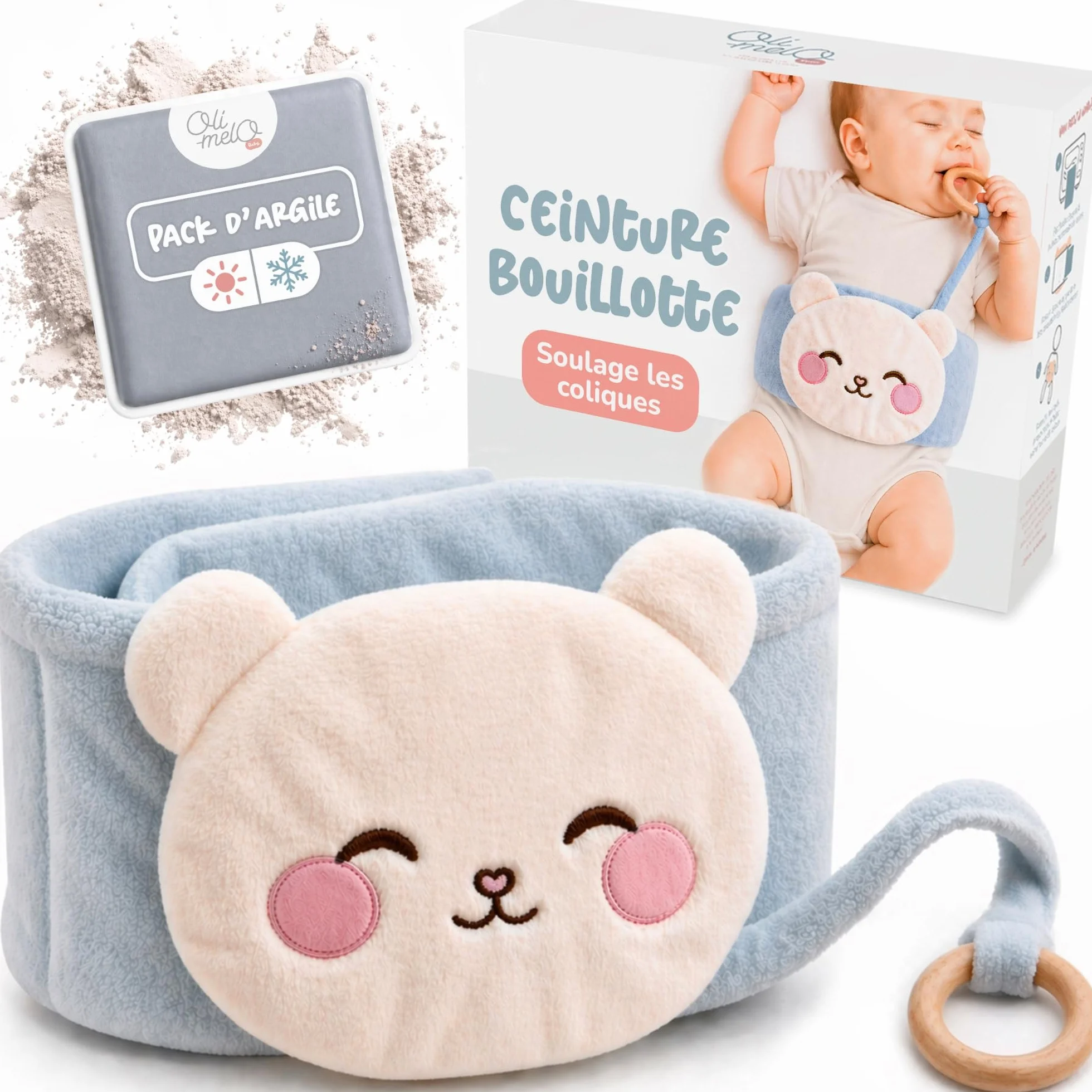 Bouillotte Bébé Anti Colique Chaud Froid Argile CE Naturel Anneau Dentition Inclus Ceinture Doudou Peluche Nourrisson