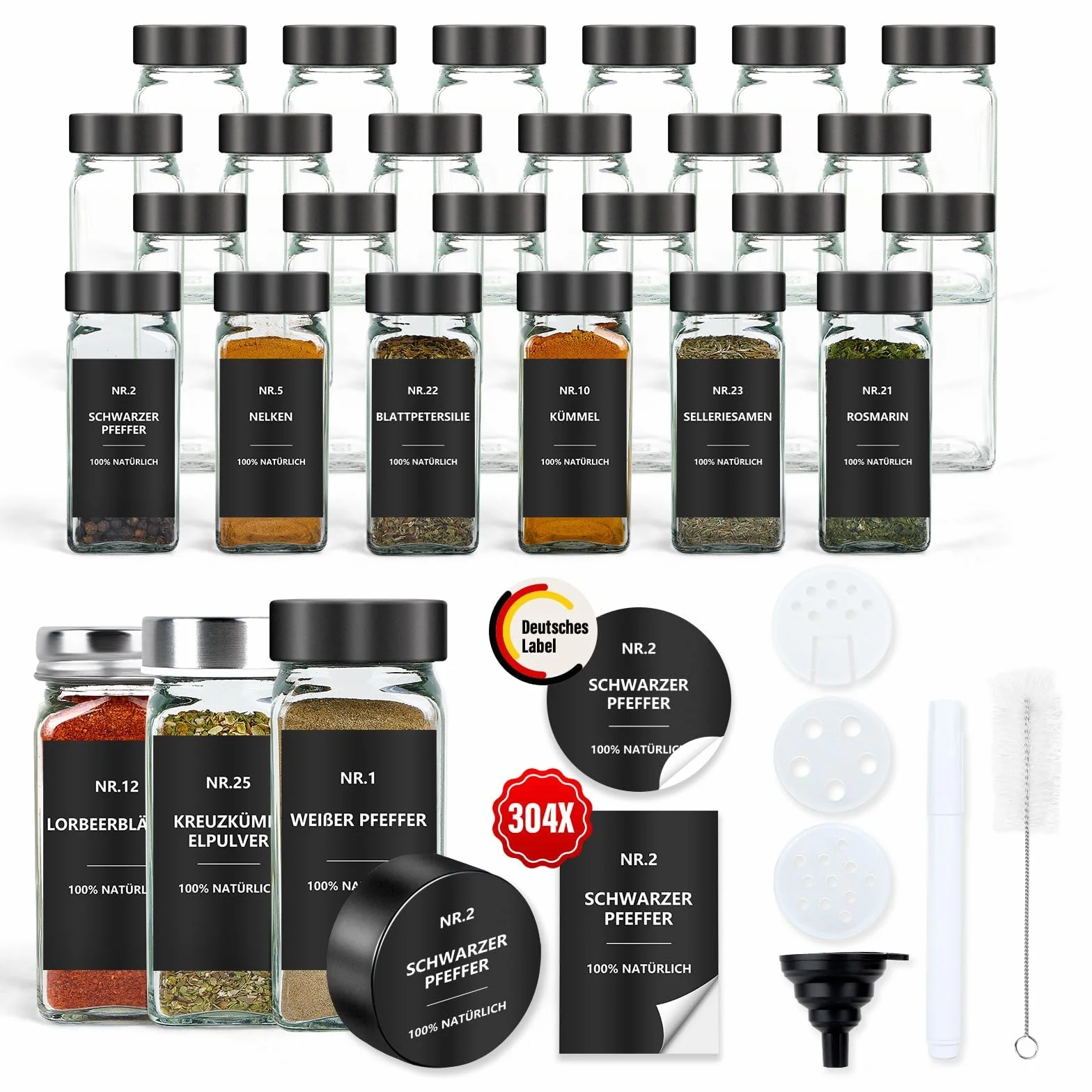 Lot de 24 pots à épices en verre 120 ml avec étiquettes étanches et insert à saupoudrer - Noir