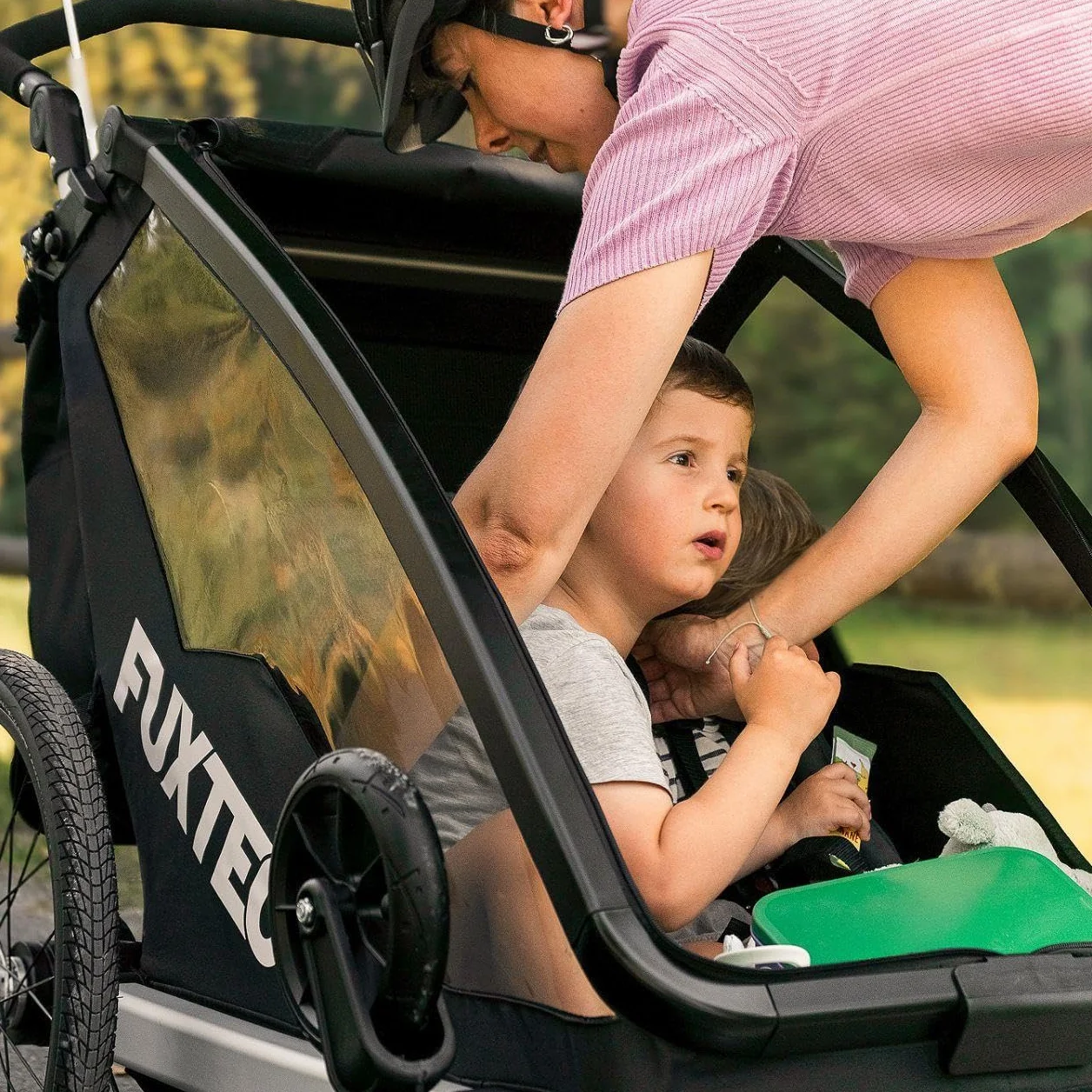 Fuxtec Sport Cruiser 2-en-1 Remorque Vélo Buggy Jogger Noir pour 2 Enfants en Aluminium Pliable avec Protection Pluie et Soleil