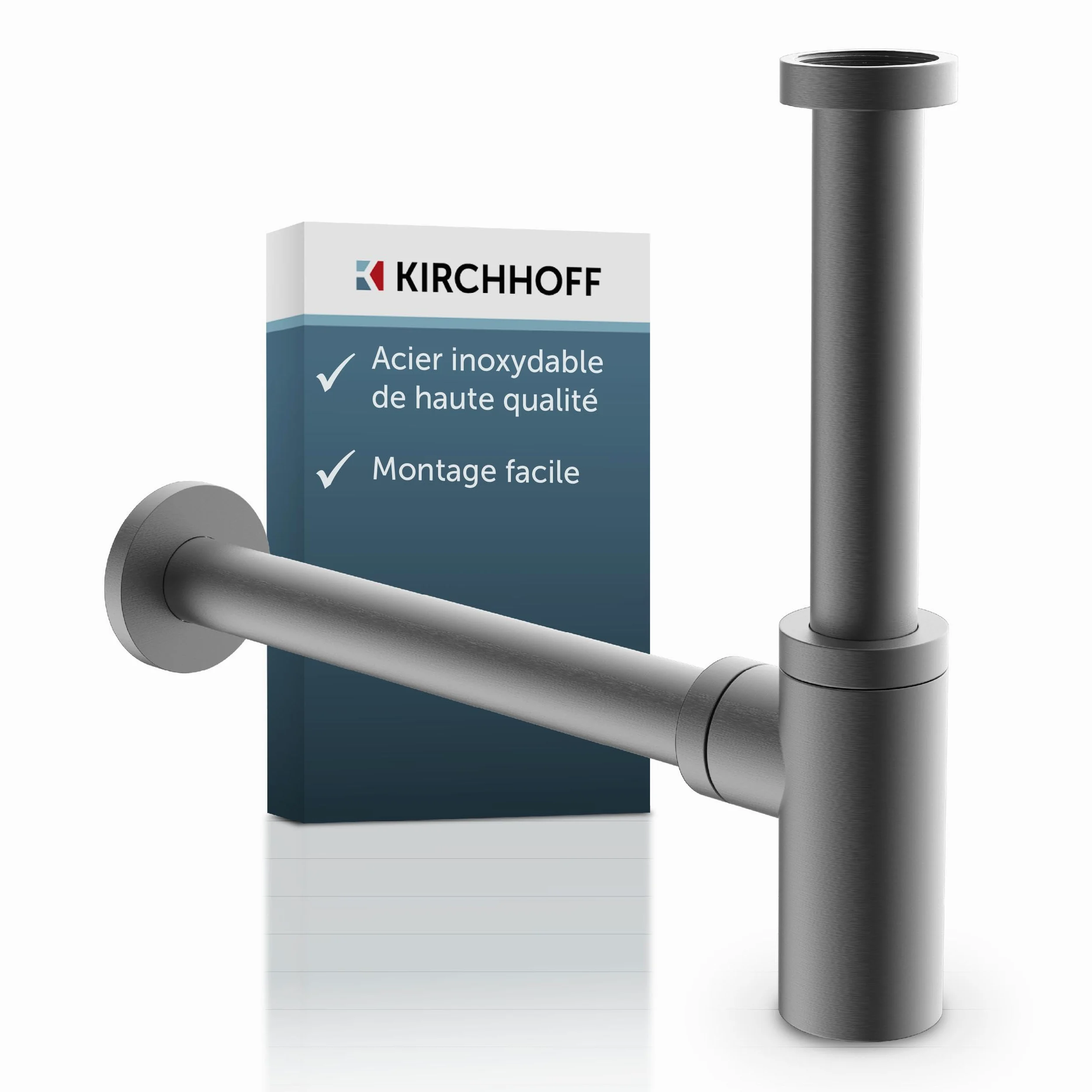 Kirchhoff Bonde de Lavabo Universelle Graphite Mat, Siphon | Laiton massif enduit, raccord 11⁄4", kit avec rosace murale, joint bonde et bouchon lavabo universel, ouverture de nettoyage