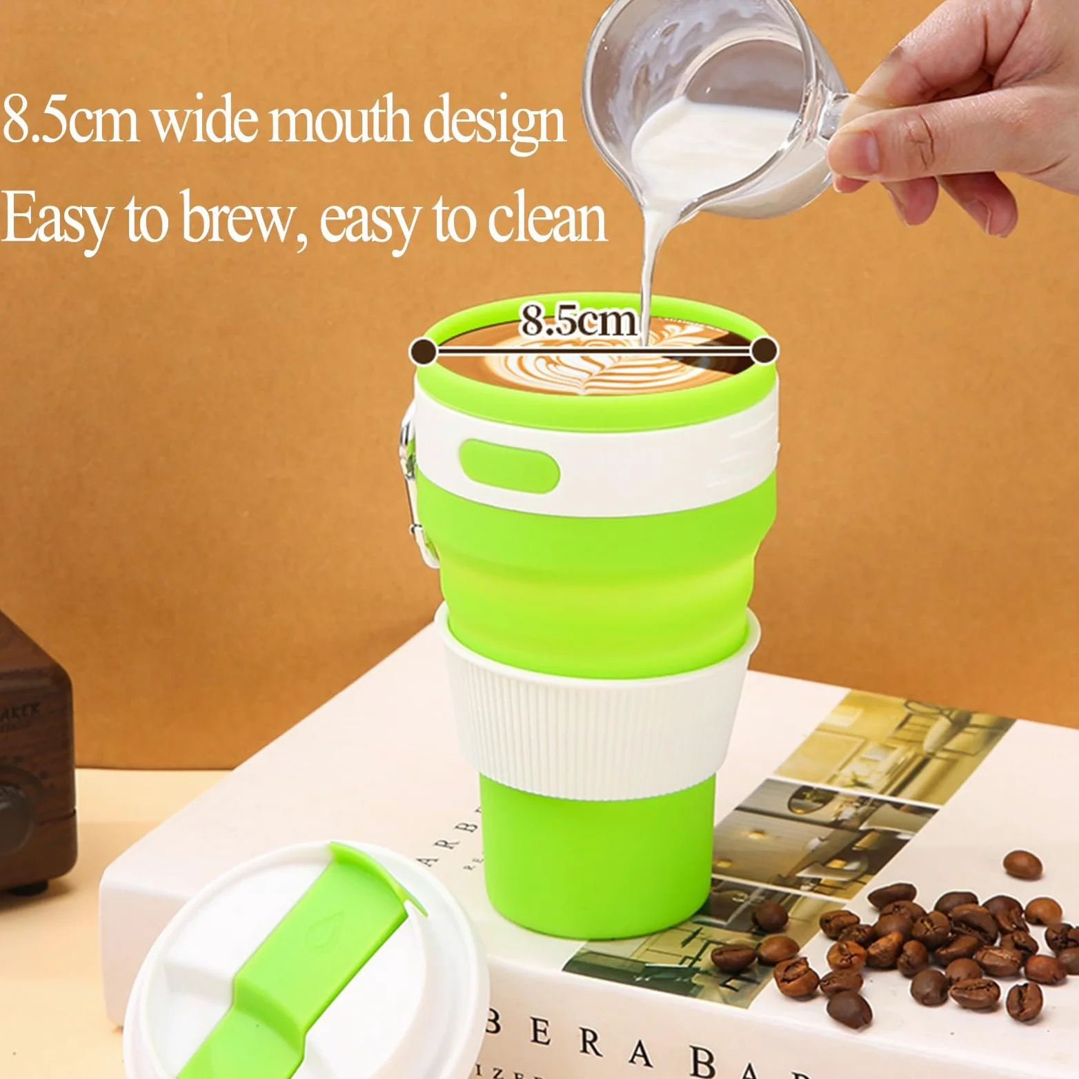 gobelet pliable, Silicone portable, étanche, réutilisable, comprend un mousqueton, idéal for le café, thé, la randonnée, camping et les activités de plein air(Green,L)