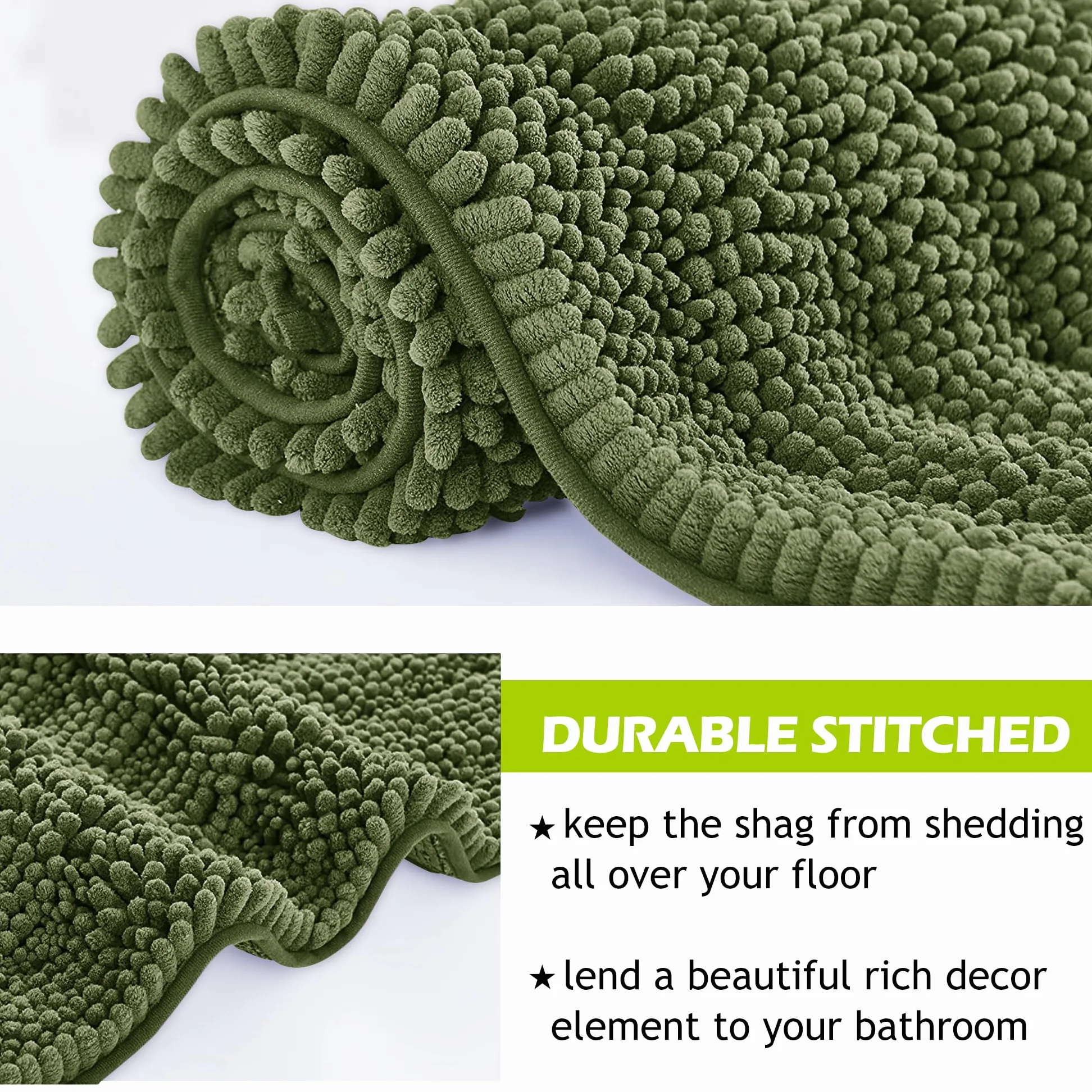KGORGE Tapis de bain doux et antidérapant pour salle de bain - Confortable à poils longs - En chenille épaisse - Absorbant l'eau - Séchage rapide - Vert sauge - 152,4 x 61 cm