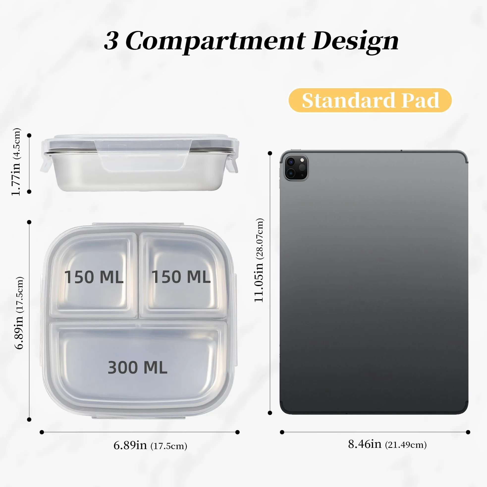 Misichao Lot de 4 boîtes à goûter réutilisables en acier inoxydable avec 3 compartiments | 600 ml pour enfants et adultes - Pour l'école, le travail et les voyages - Gris