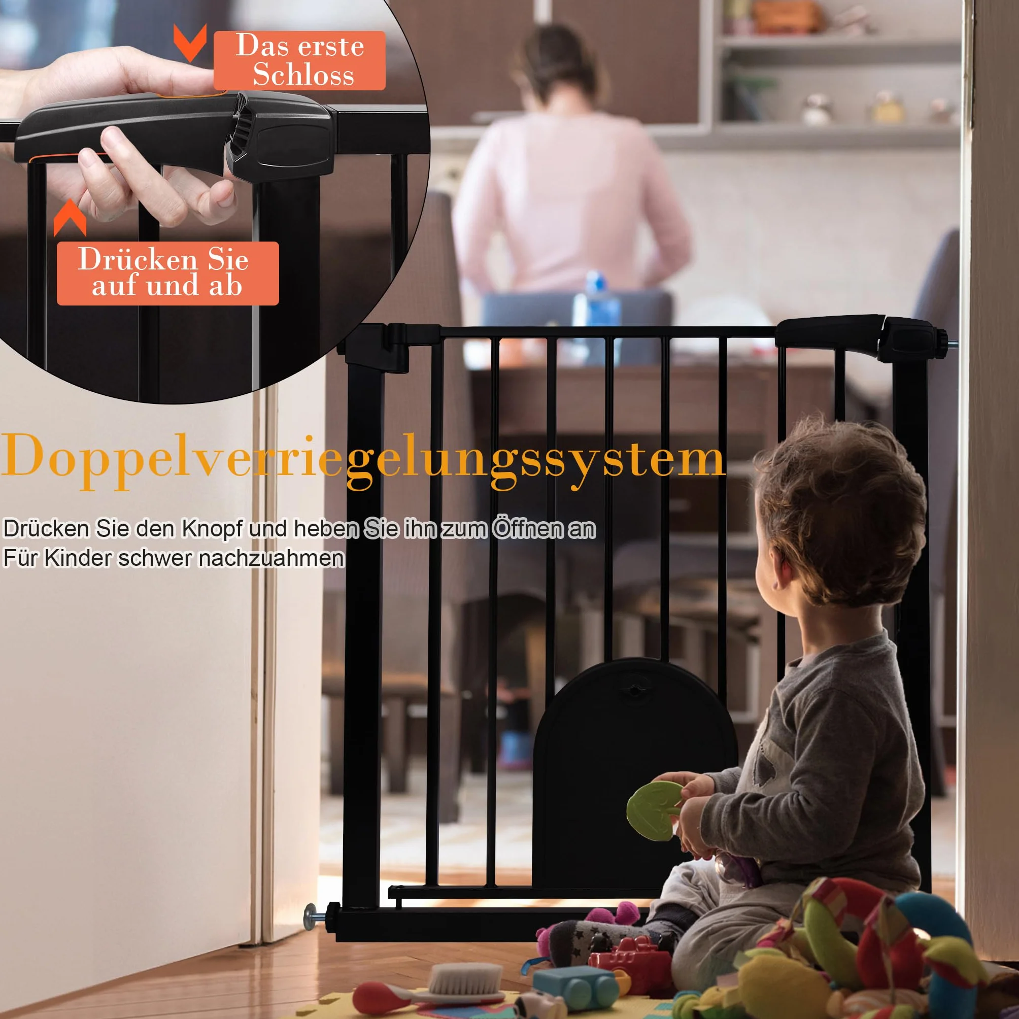 Aufun Barrière de sécurité Enfants sans perçage 85-95 cm avec Fixation à Pression Fermeture Automatique métallique pour Chiens avec chatière Noir