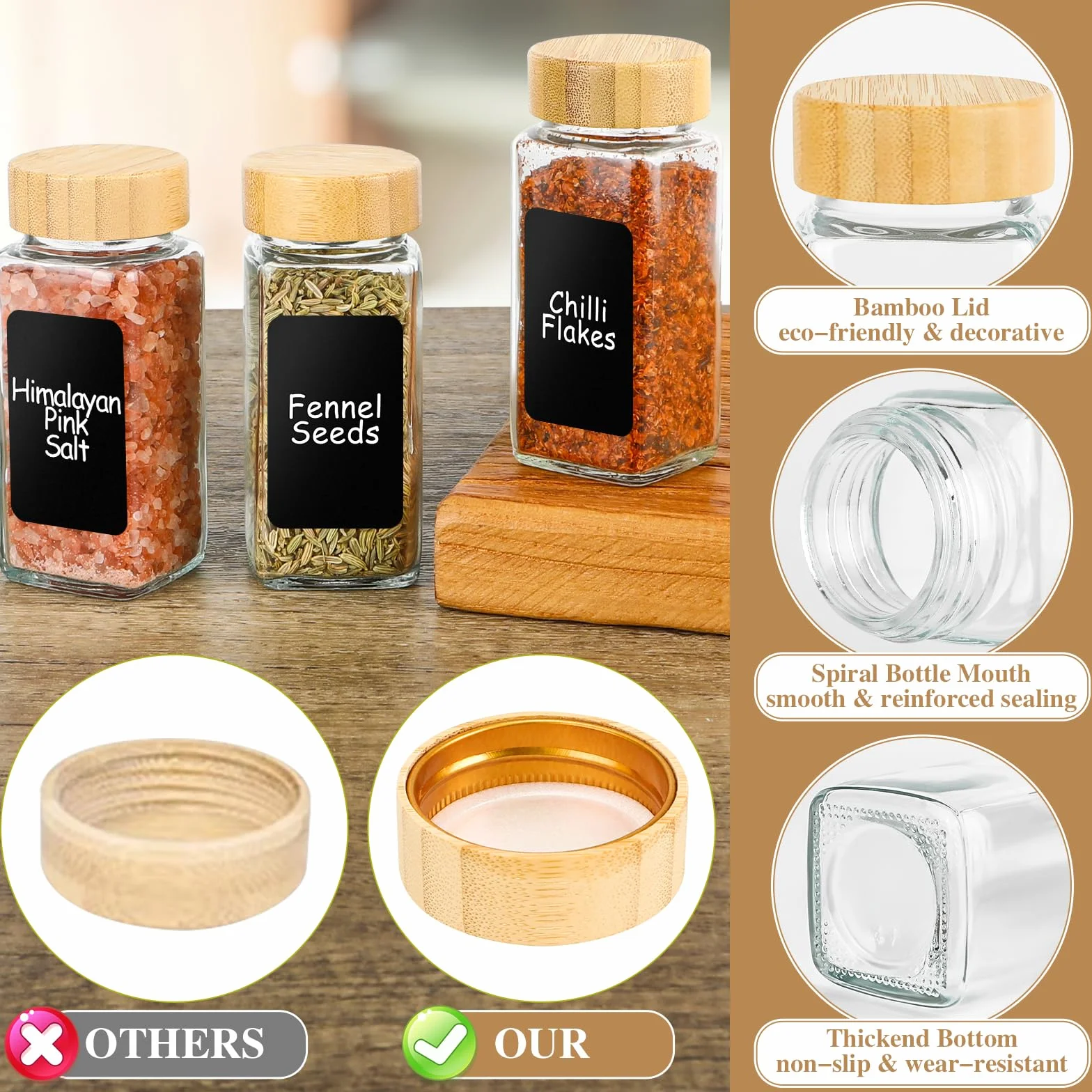 Lannvan Pot à Épices en Verre et Bois, 24x120ml, Pot Épices Carré avec Couvercle Bambou, Bocaux Épices Cuisine, 310 Étiquettes Vierges