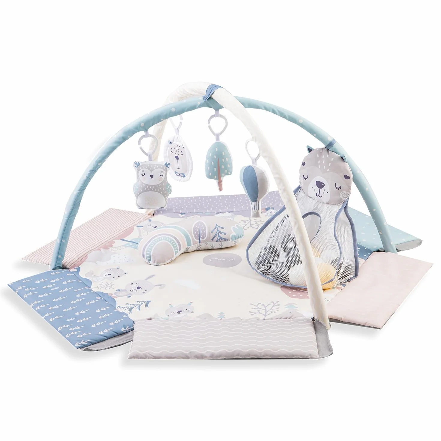 Arche de jeu MoMi PASTEL 3 en 1 avec tapis rampant, bain de balles, 5 jouets, 20 balles