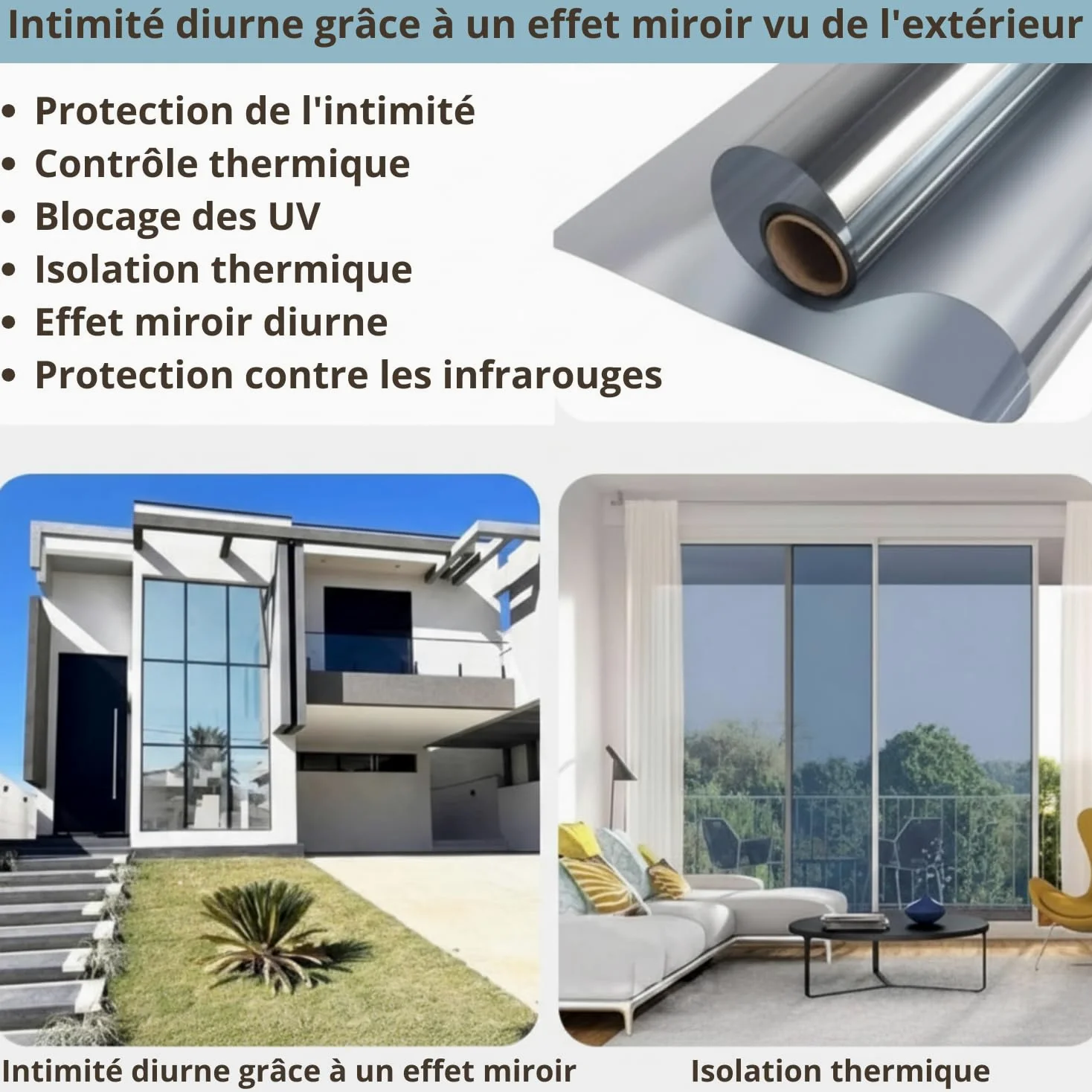 Film miroir pour vitres de confidentialité jour – (120 x 400 cm), anti-UV et contrôle de la chaleur, film occultant réfléchissant auto-adhésif professionnel fenêtres maison bureau, tenue forte sans