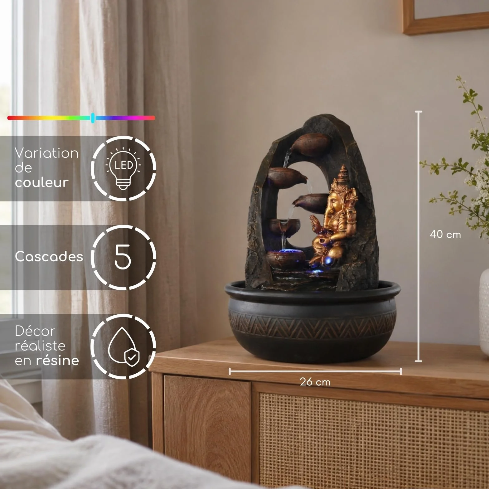Fontaine d'Intérieur Bouddha Ganesh avec Lumière LED Colorée Feng Shui Zen H 40cm Mystic Zen'Light