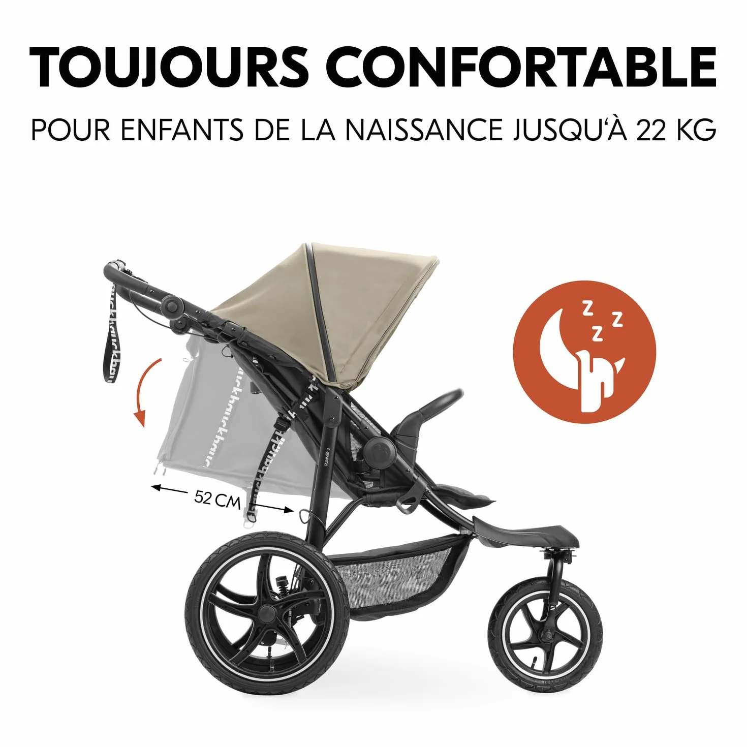 Hauck Runner 3 Olive Poussette 3 Roues Bébé Grandes Roues Air Suspension Frein à Main Canopy XL Fenêtre Maille Panier Couvercle Inclinable Porte-Gobelet 22 kg