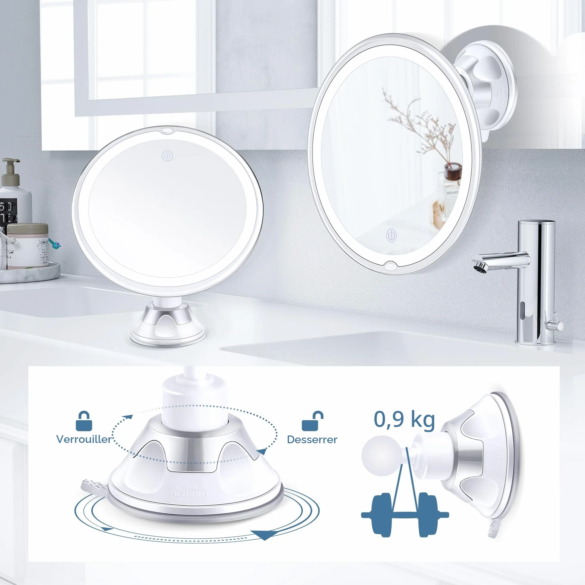 Miyadiva Miroir Grossissant 30X Lumière, Miroir Salle de Bain Ventouse 20cm, 3 Modes Couleurs Luminosité Ajustable