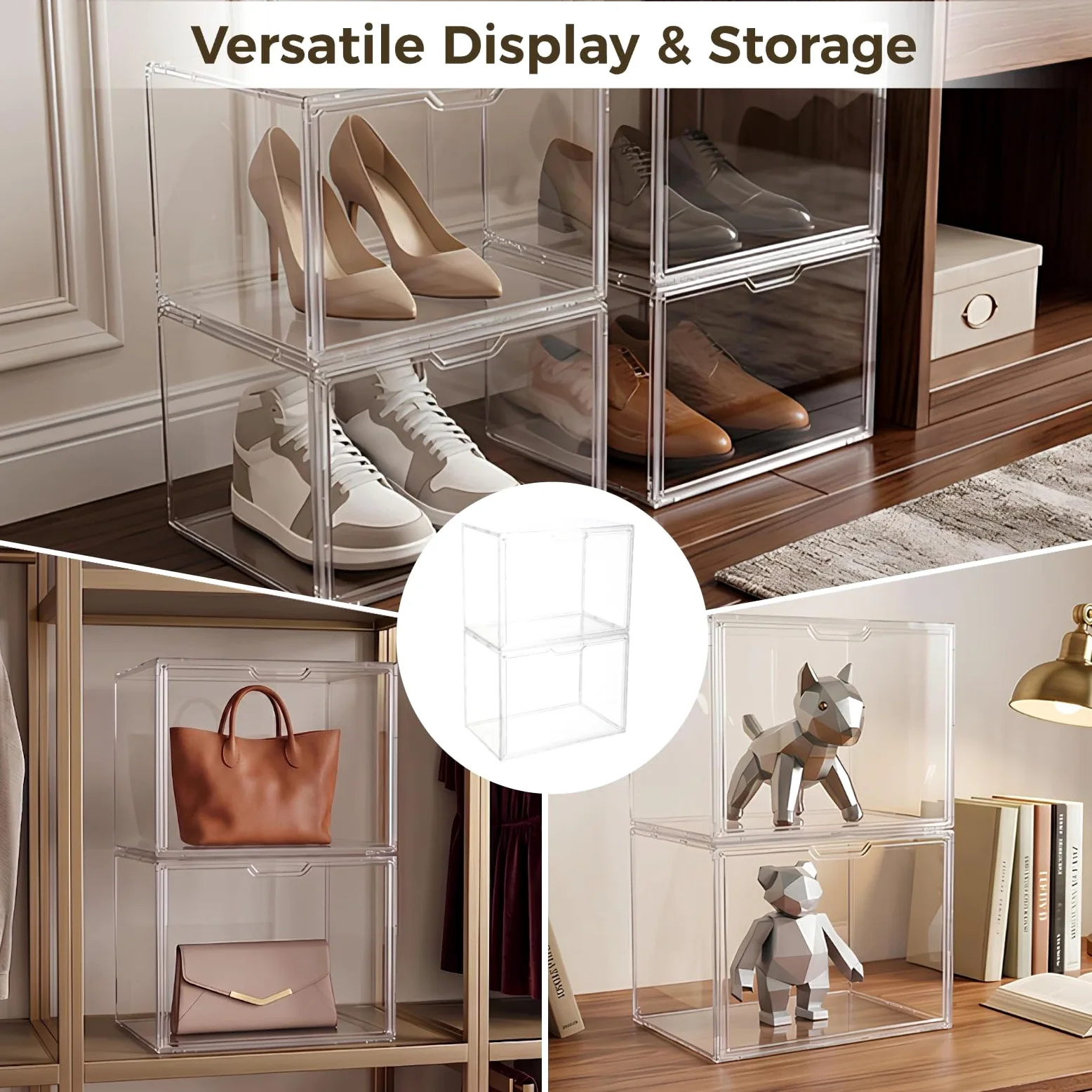 Lot de 2 présentoirs empilables en acrylique transparent avec porte d'entrée en métal - Bacs de rangement transparents à collectionner - Prend en charge l'affichage horizontal ou vertical