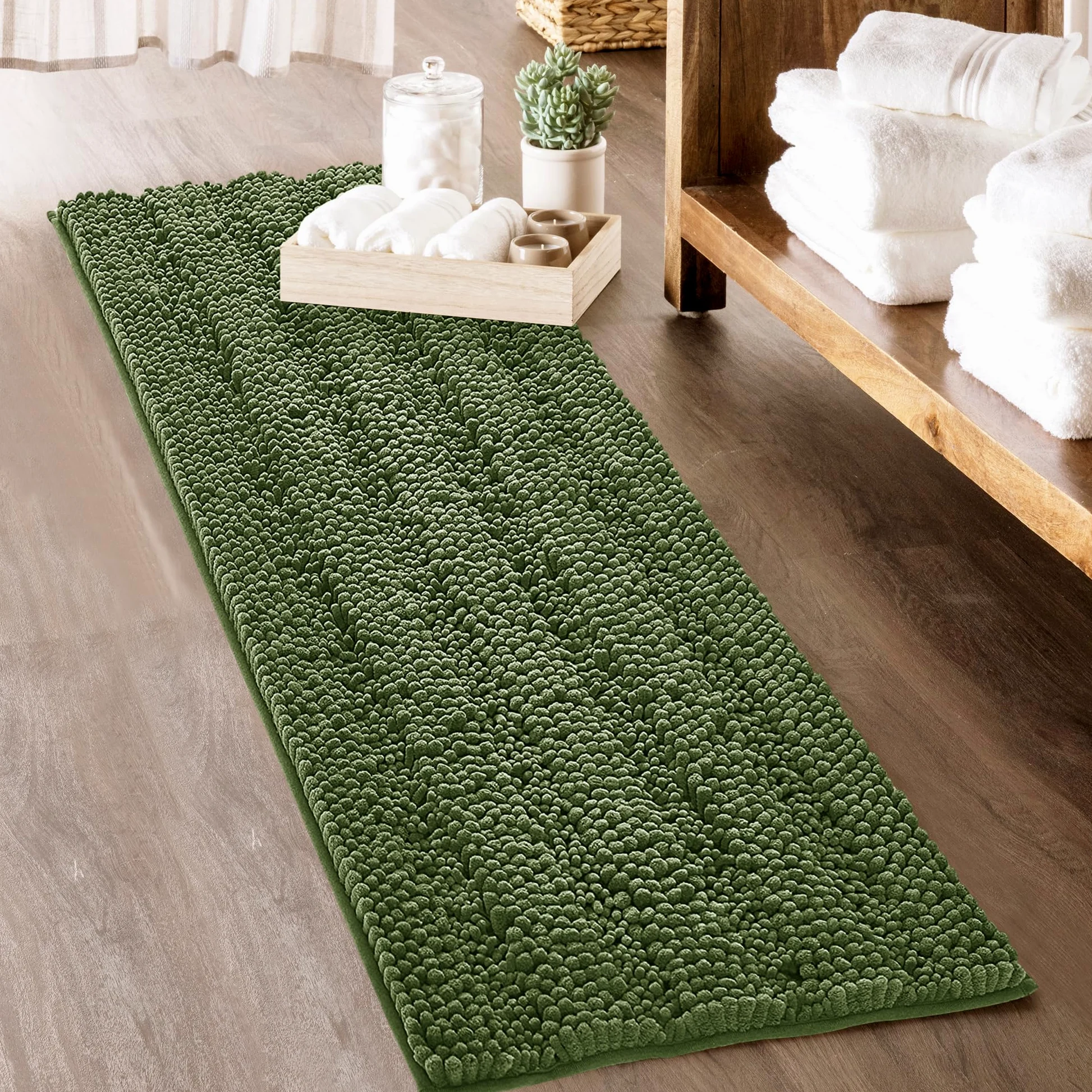 KGORGE Tapis de bain doux et antidérapant pour salle de bain - Confortable à poils longs - En chenille épaisse - Absorbant l'eau - Séchage rapide - Vert sauge - 152,4 x 61 cm